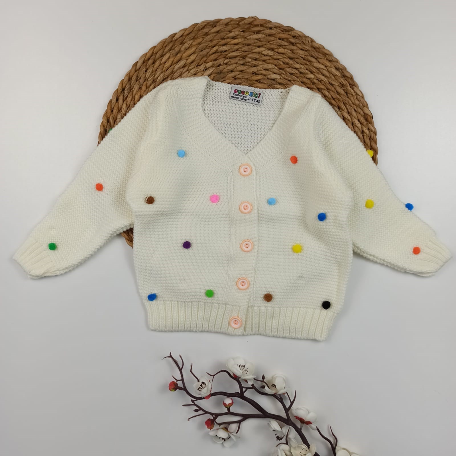 KIZ BEBEK PONPON DETAYLI TRİKO HIRKA KREM 1-5 YAŞ