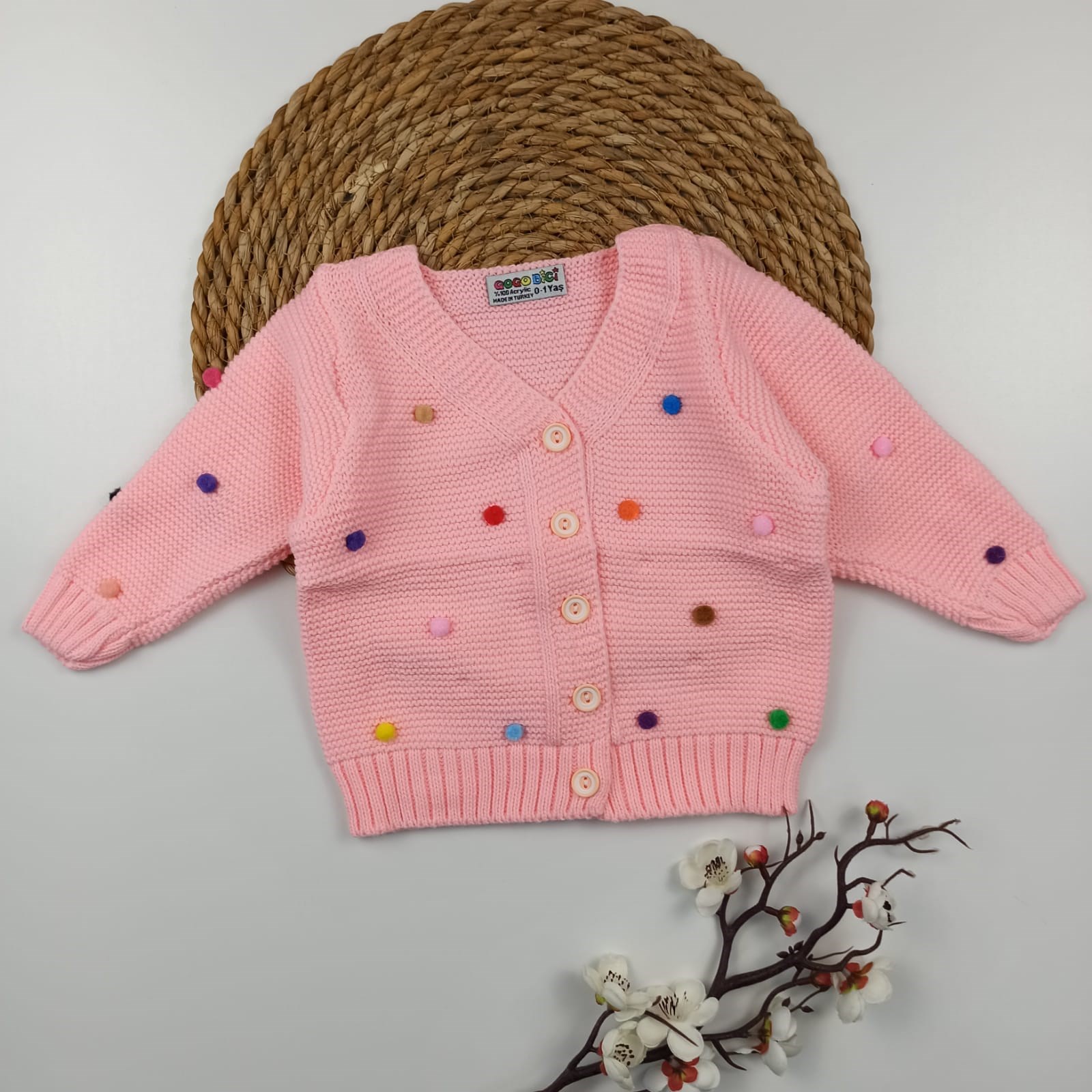 KIZ BEBEK PONPON DETAYLI TRİKO HIRKA SOMON 1-5 YAŞ