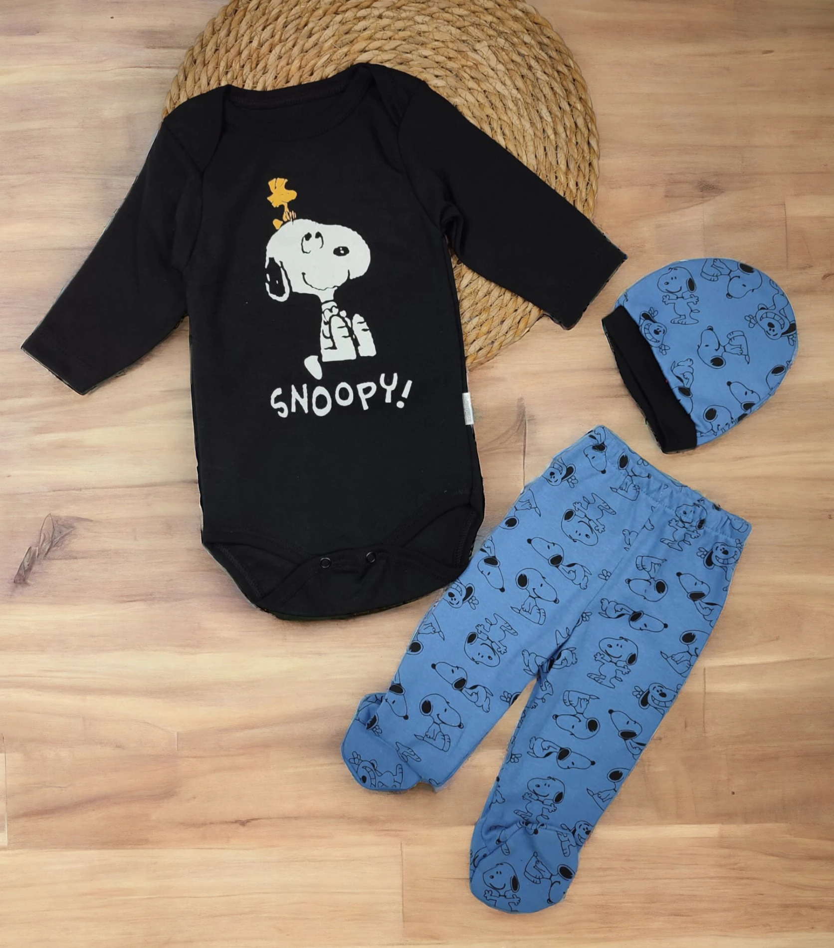 Bebek Takım 3-6 Ay Snoopy Baskılı Çıtçıtlı 3 Lü Koyu Mavi 