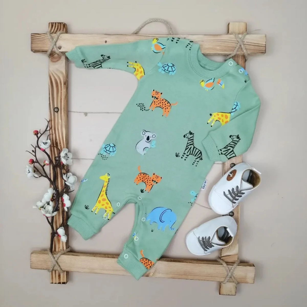 BEBEK 3-12 Ay Karışık Hayvan Desen Baskılı Tulum Yeşil