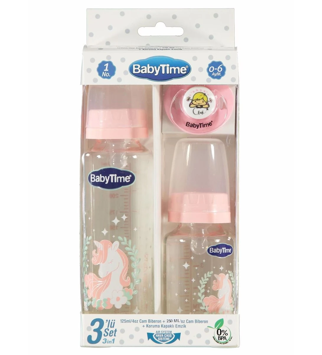 Bebek Babytime Cam Biberon 3 lü Set Pembe