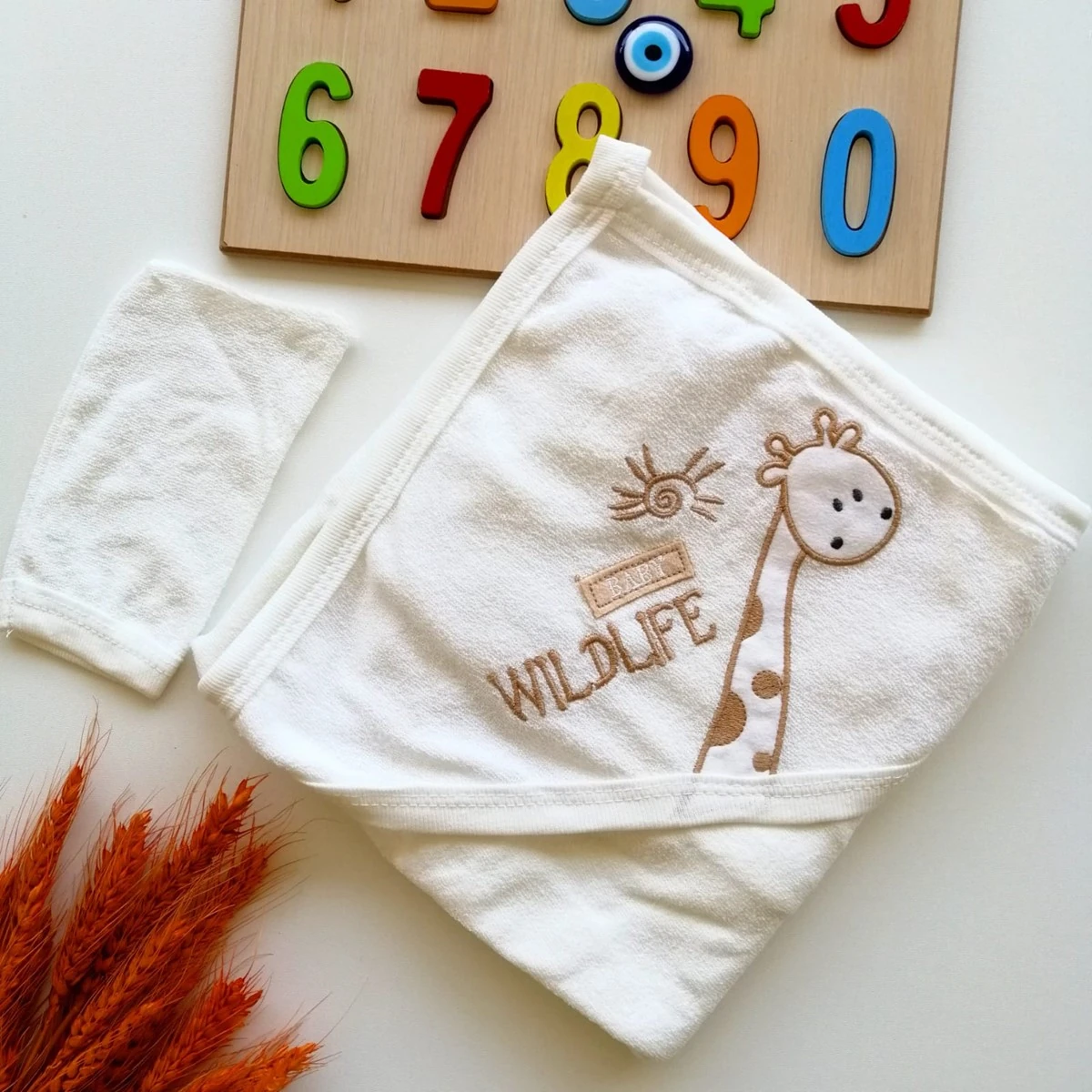 Bebek Havlu Kese Set Zürafa Nakışlı kahverengi