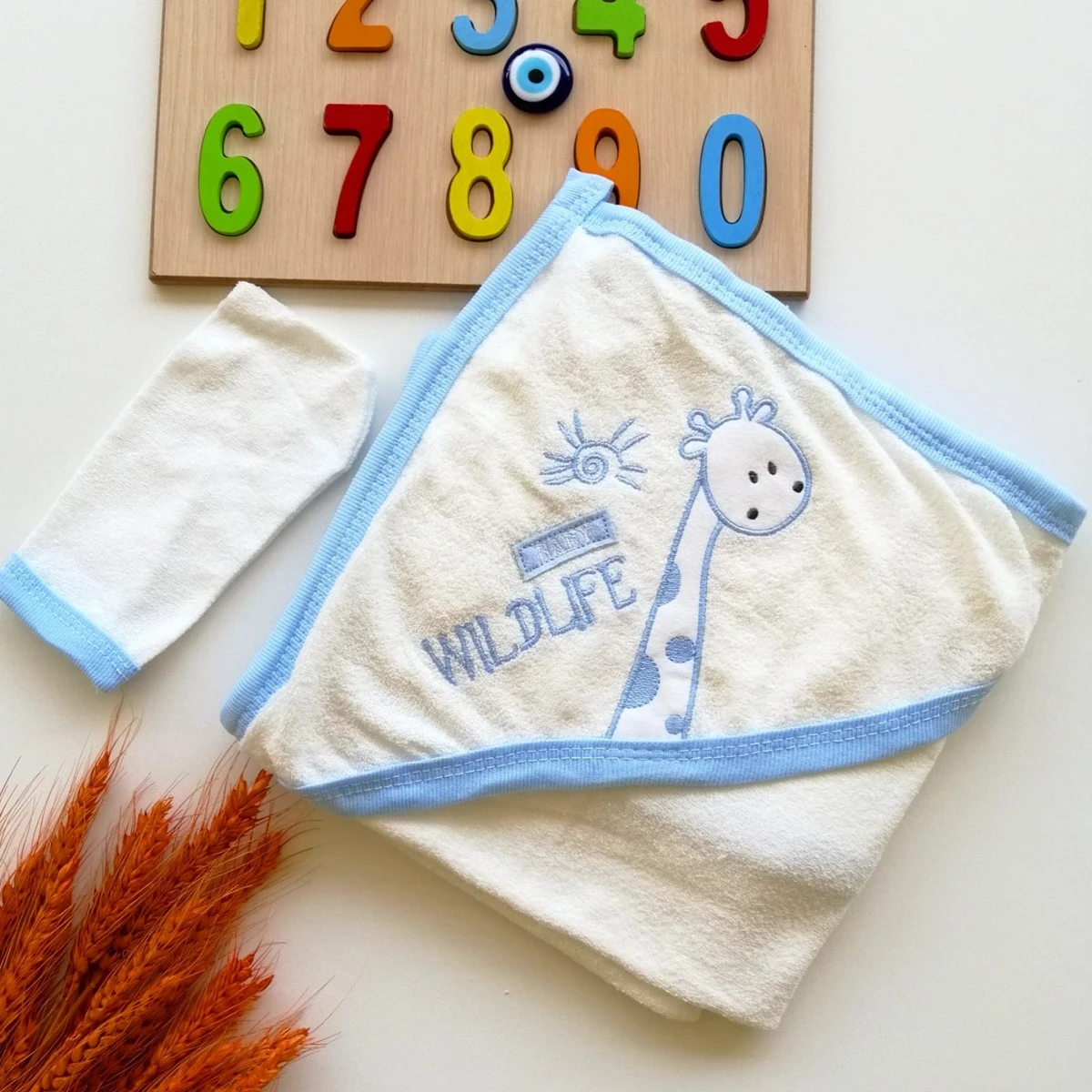 Bebek Havlu Kese Set Zürafa Nakışlı mavi
