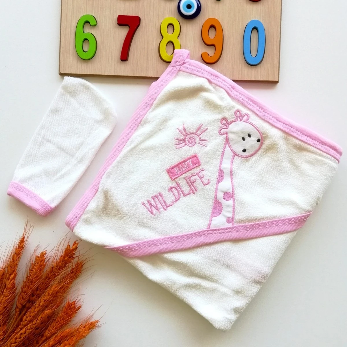 Bebek Havlu Kese Set Zürafa Nakışlı Pembe