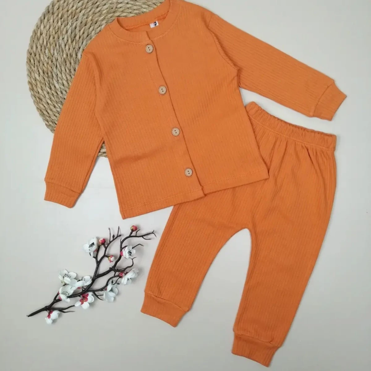 Bebek pijama 1-3 Yaş Düğme Detaylı Mevsimlik Kiremit