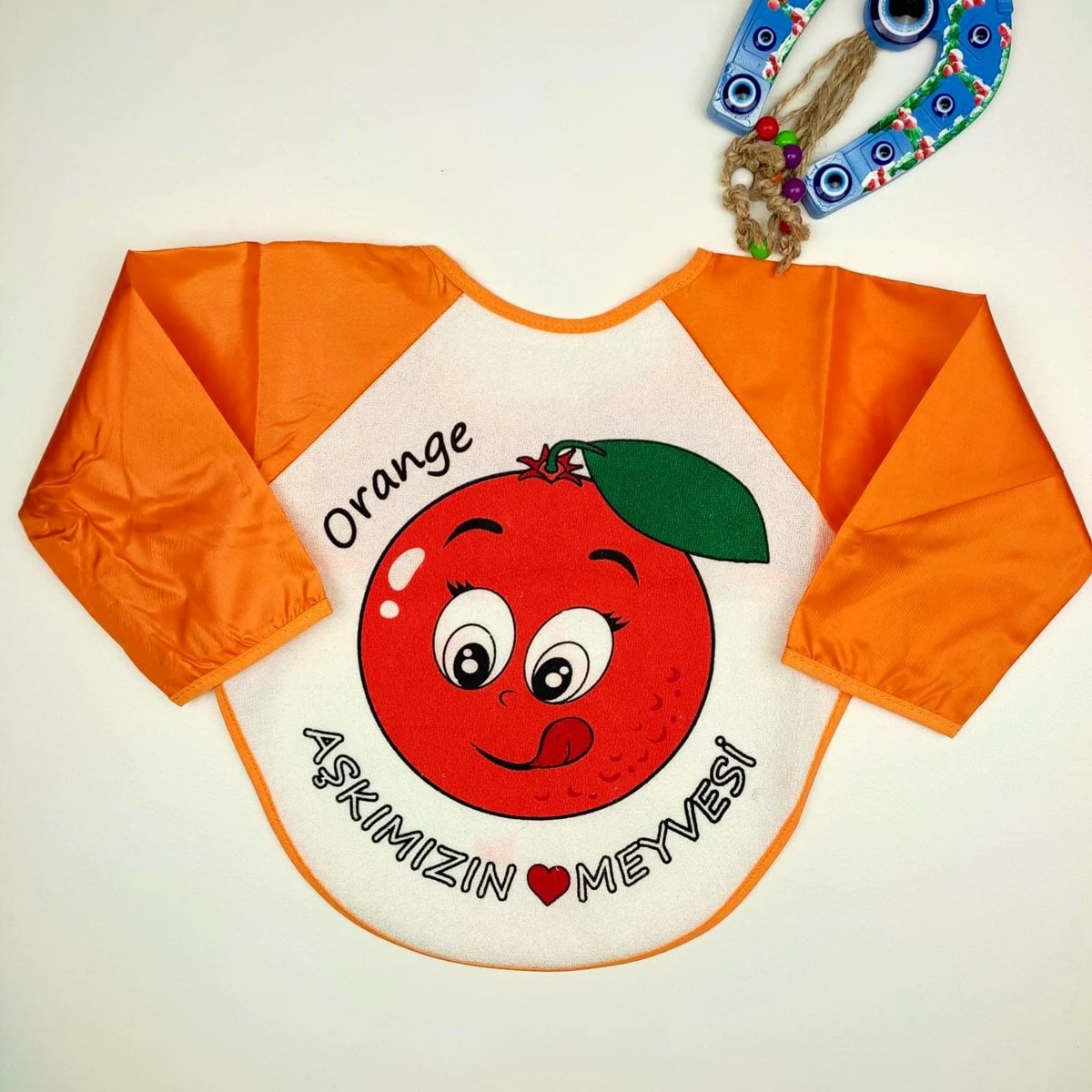 Bebek Portakal Motifli Kollu Mama Önlüğü Turuncu