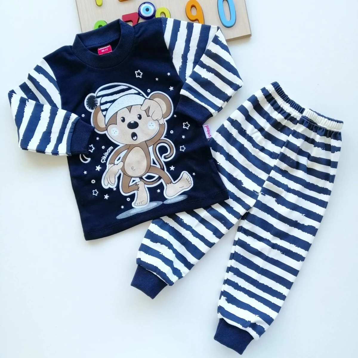 Bebek Sevimli Maymun Baskılı Pijama Takım Lacivert