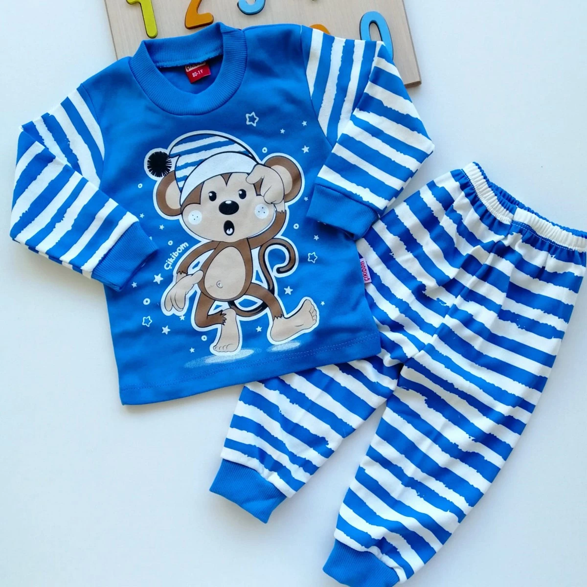 Bebek Sevimli Maymun Baskılı Pijama Takım mavi