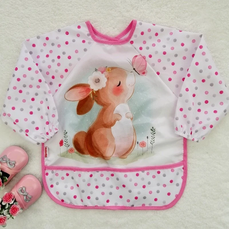 Bebek Tavşan Desenli Kollu Cepli Mama Önlüğü