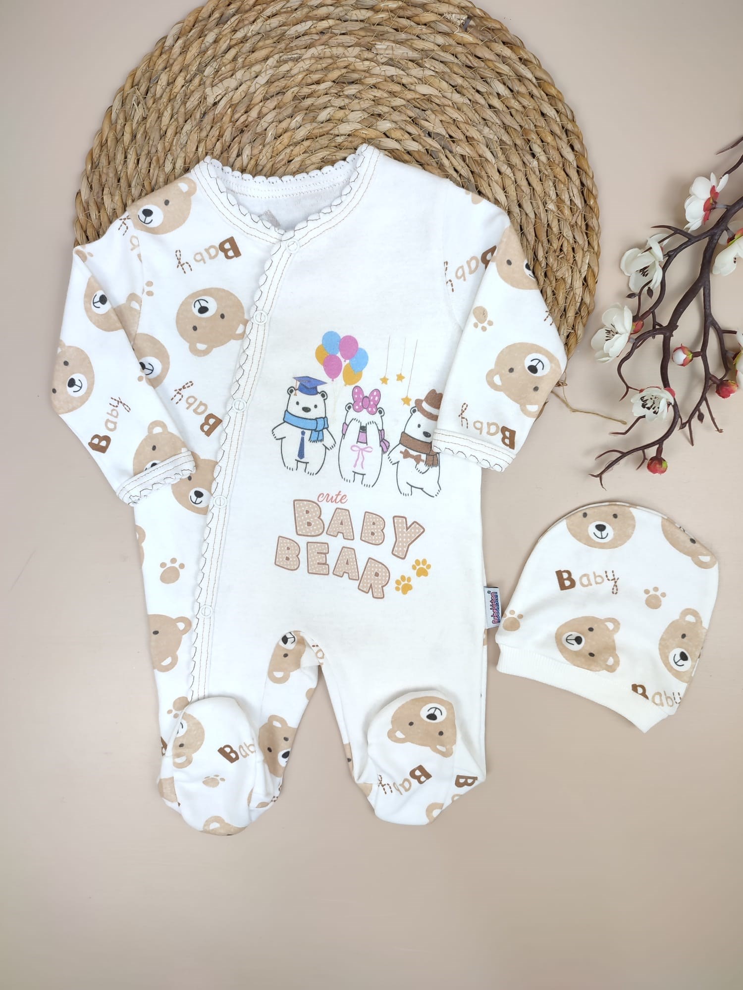Bebek 3-9 ay  Tulum Sevimli Ayıcık Baskılı Kahve