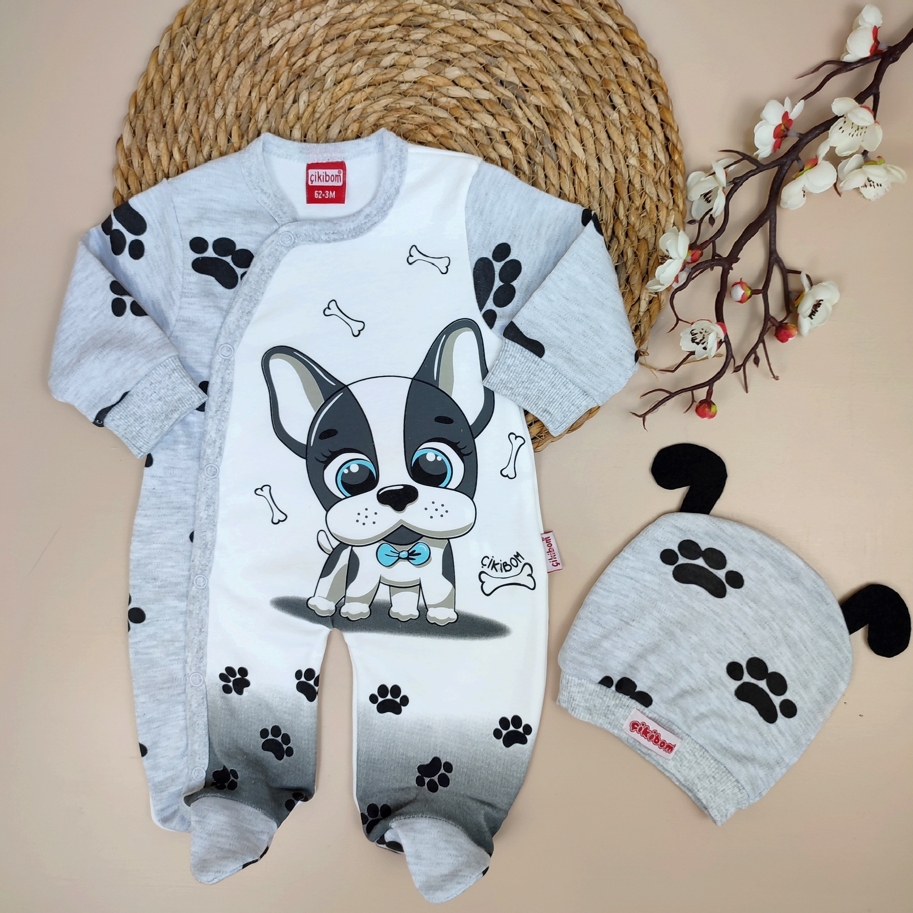 Bebek 3-9 Tulum Köpek Baskılı Şapkalı Gri