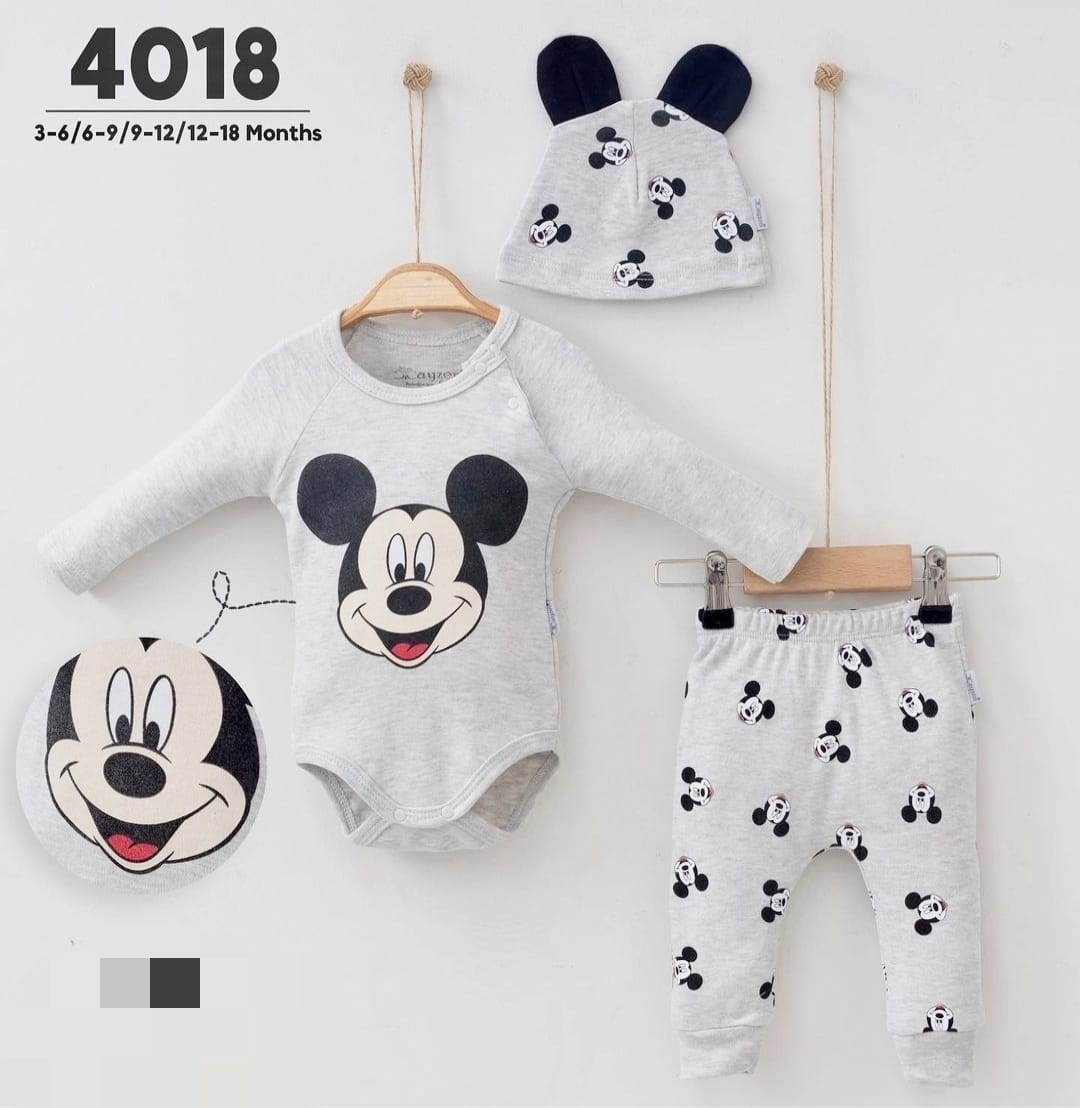 Bebek 3-18 Ay Mickey Mouse Badili Şapkalı Mevsimlik 3lü Takım