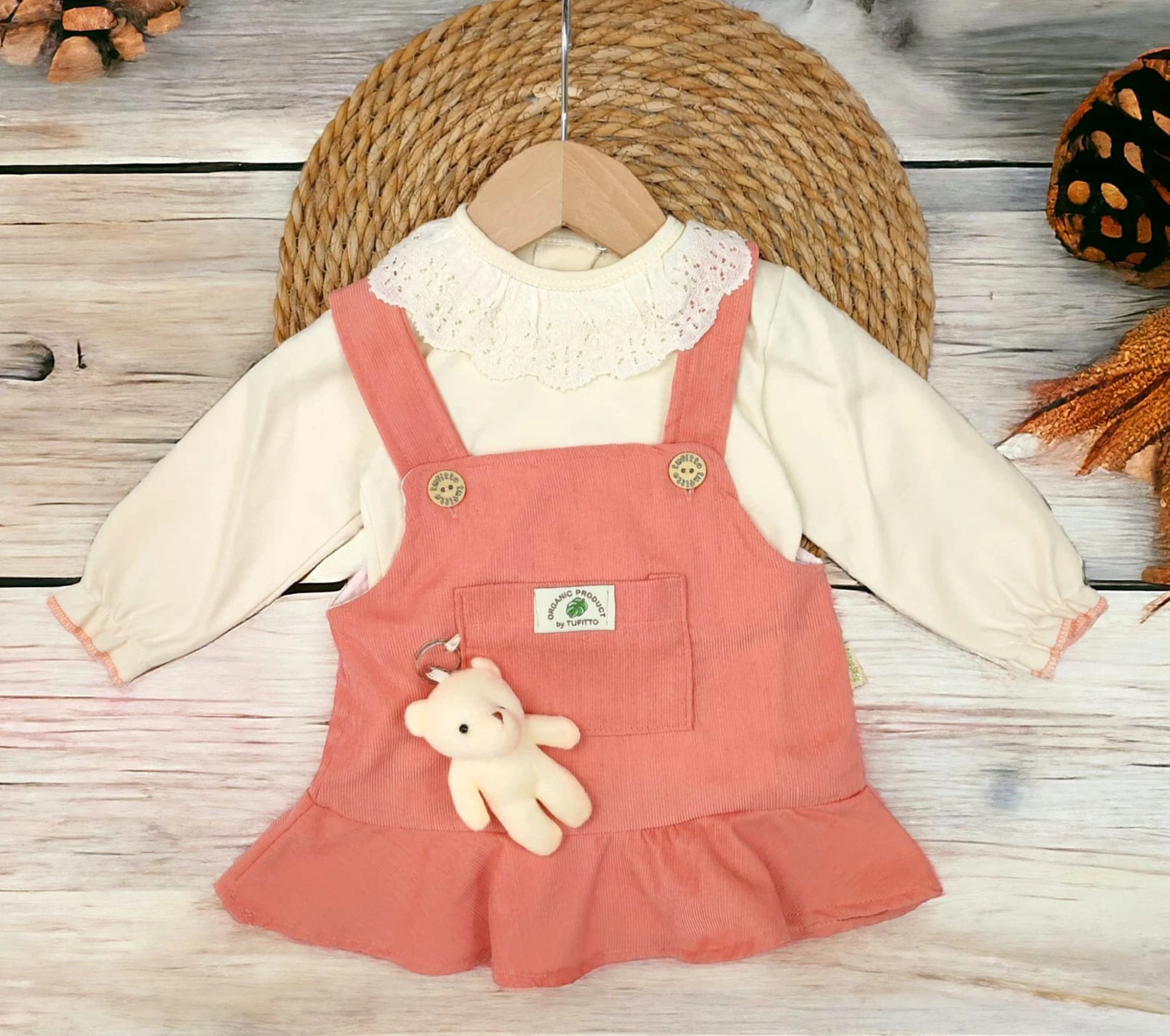 Bebek 9-24 Ay 3D Ayıcık Detaylı Güpürlü Body Li Elbise Somon