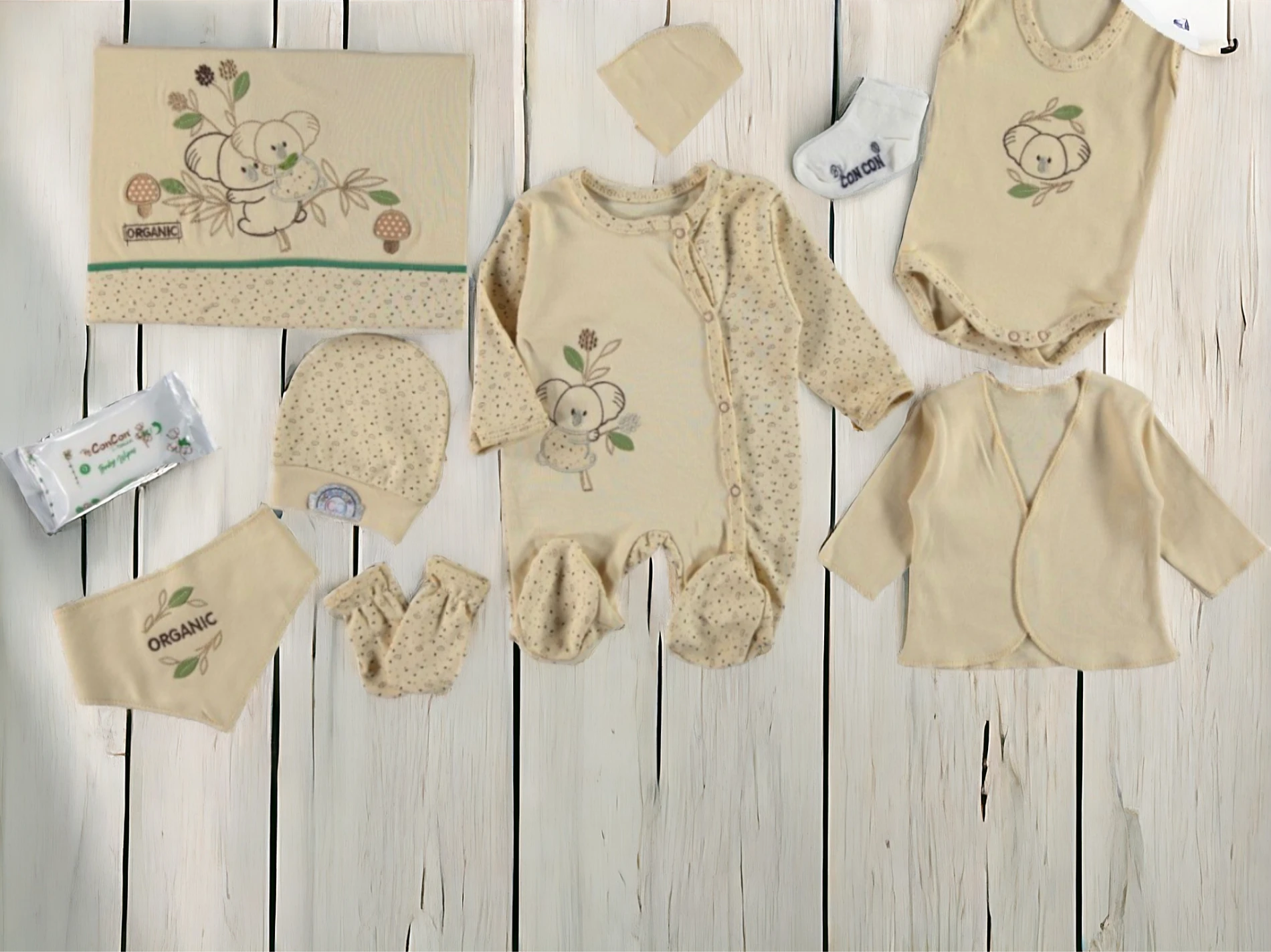Bebek Yenidoğan Koala işlemeli 10lu Hastane Çıkışı Set (%100 ORGANİC)