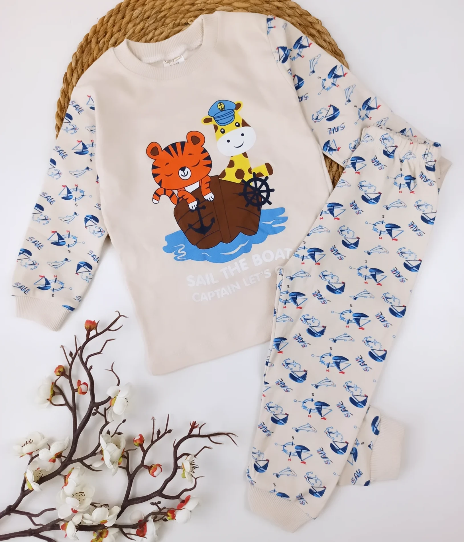 Bebek 1-3 Yaş Kaplan ve Zürafa BaskılI Pijama Takımı Bej