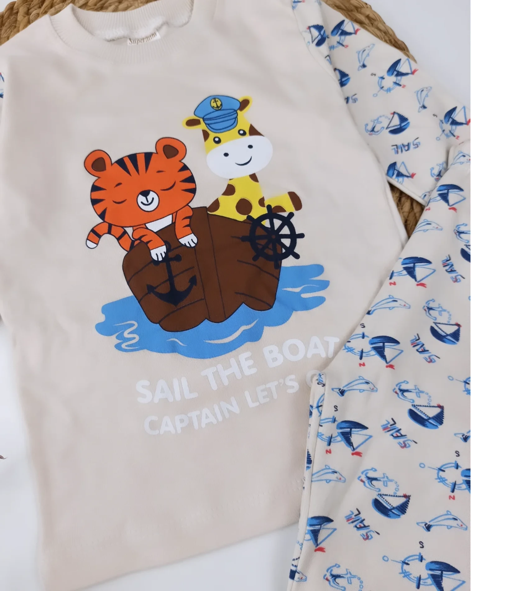 Bebek 1-3 Yaş Kaplan ve Zürafa BaskılI Pijama Takımı Bej