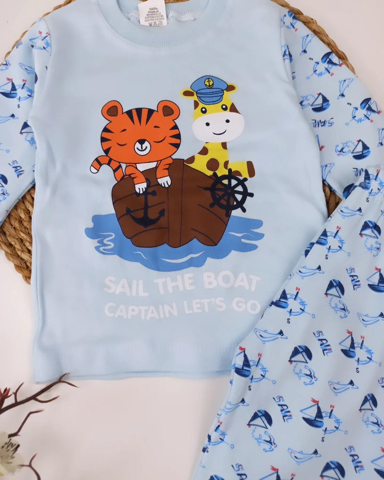 Bebek 1-3 Yaş Kaplan ve Zürafa BaskılI Pijama Takımı Mavi