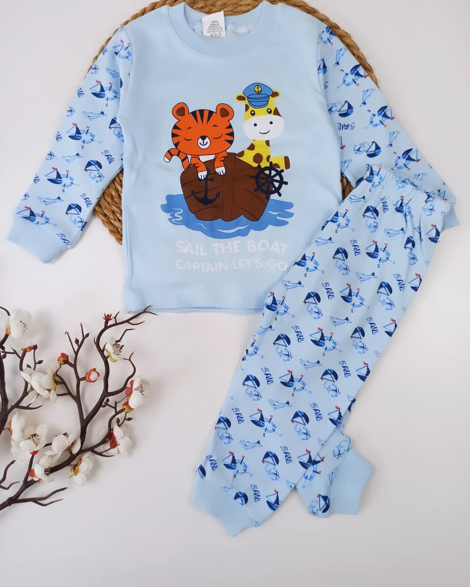Bebek 1-3 Yaş Kaplan ve Zürafa BaskılI Pijama Takımı Mavi