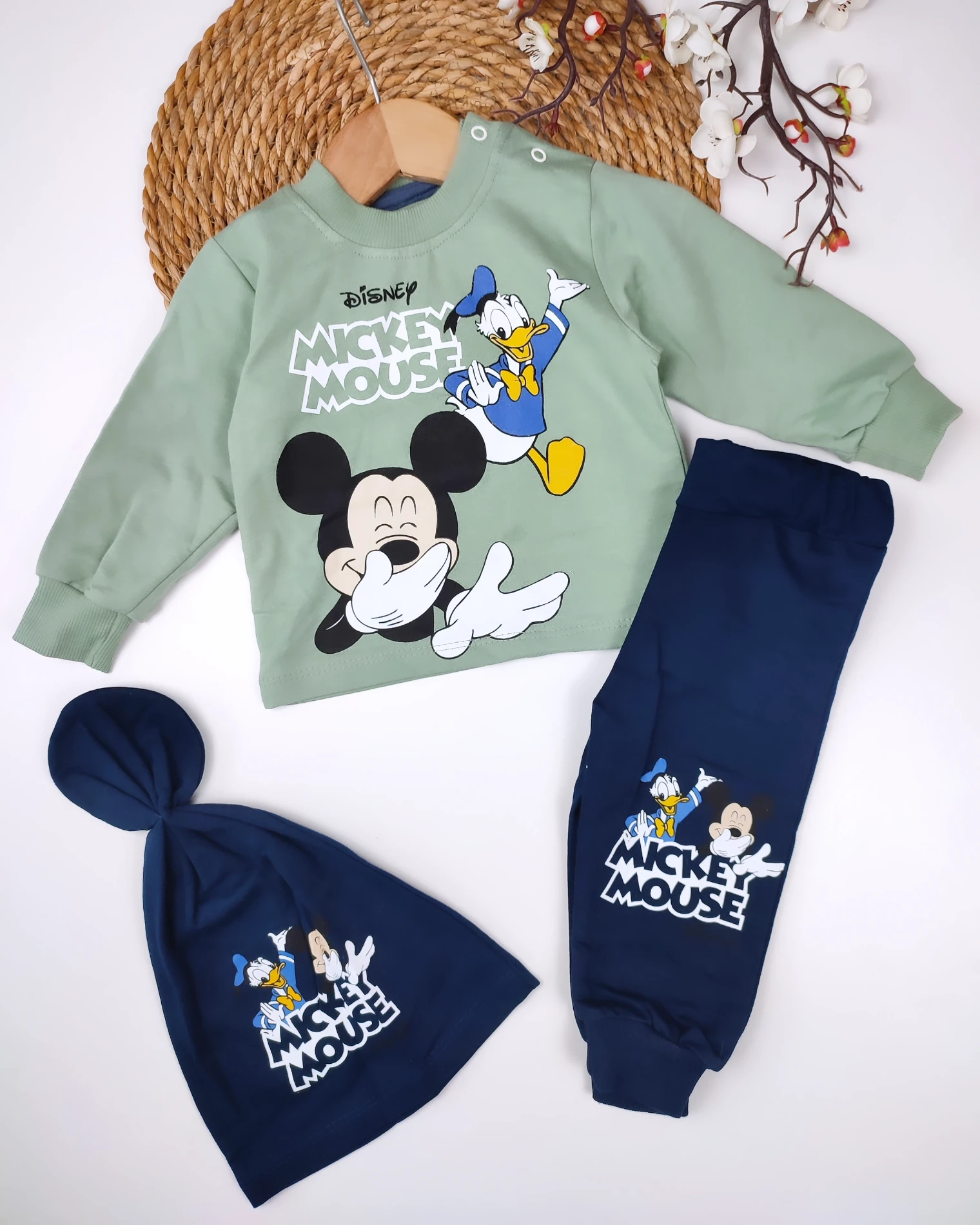 Bebek 9-24 Ay Mickey ve Arkadaşları Baskılı 3 lü Takım Şapka lı Yeşil