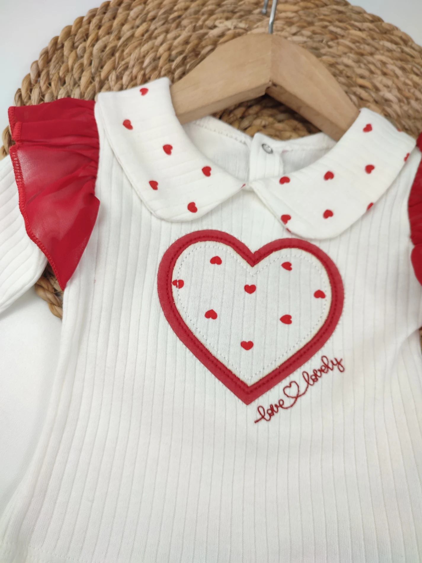 Bebek 9-18 Ay Kalp Nakışlı Bebe Yaka Fırfır Kollu 2 Li Takım 