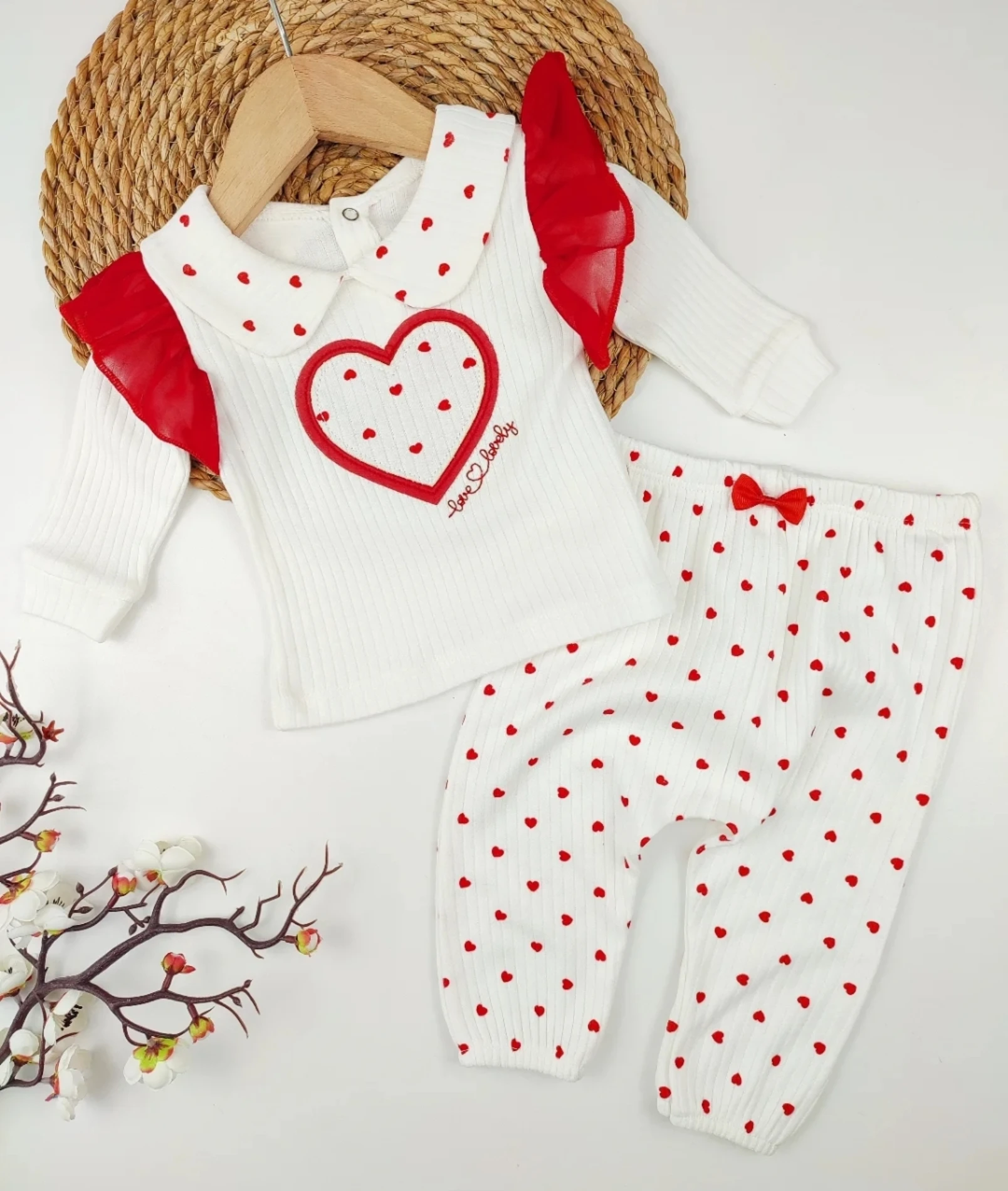 Bebek 9-18 Ay Kalp Nakışlı Bebe Yaka Fırfır Kollu 2 Li Takım 