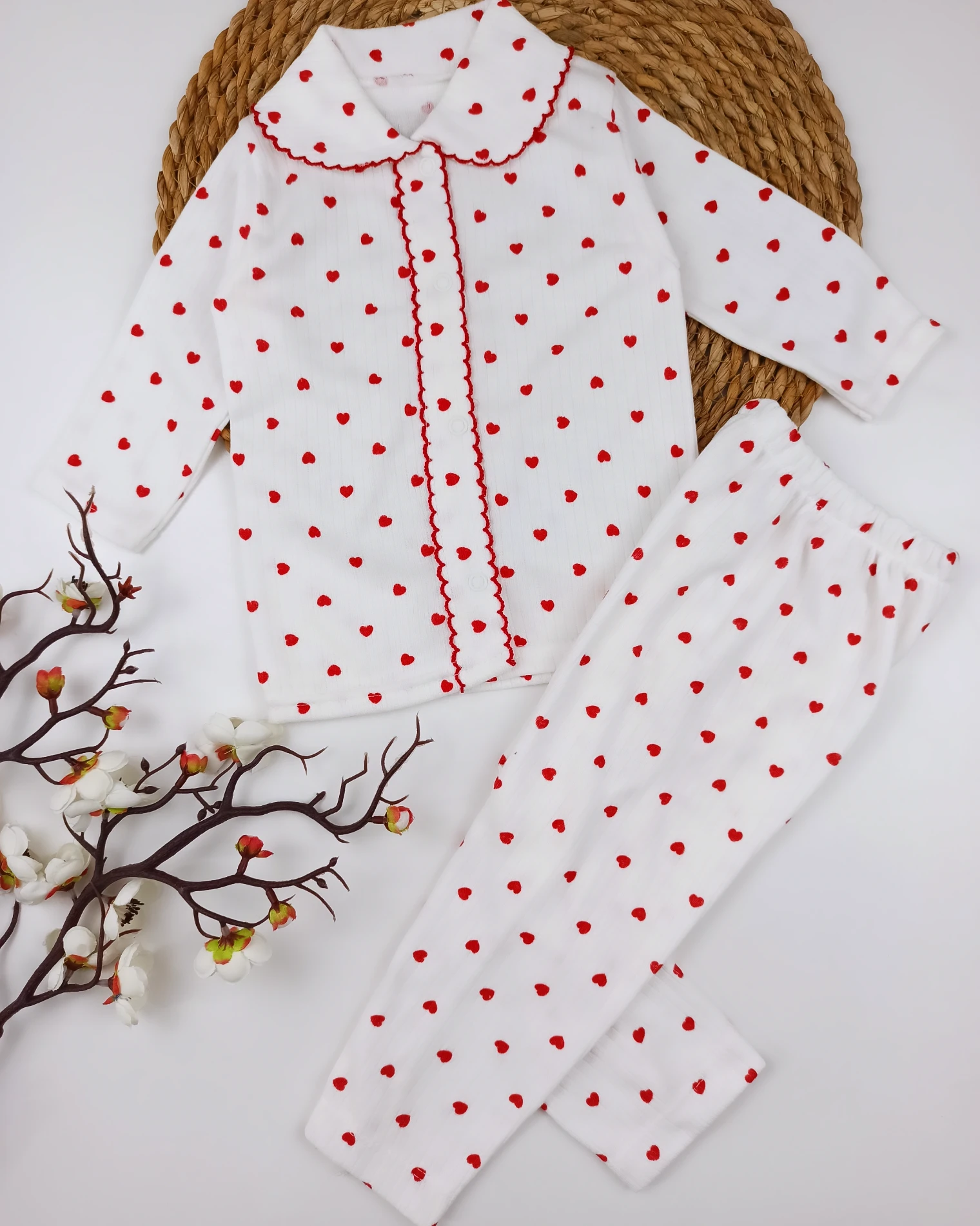 Bebek 0-6 ay Kalp Baskılı Dantel Yaka Çıtçıtlı Pijama Takım