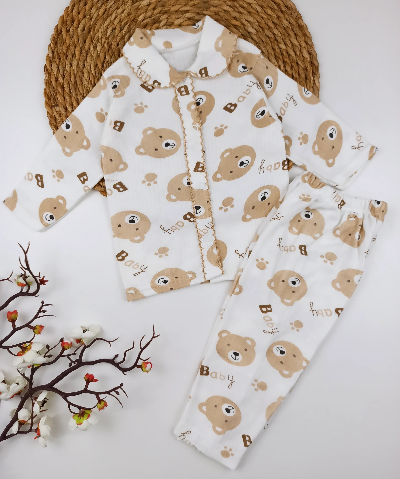Bebek 6 ay -3 Yaş Ayıcık Baskılı Dantel Yaka Çıtçıtlı Pijama Takım