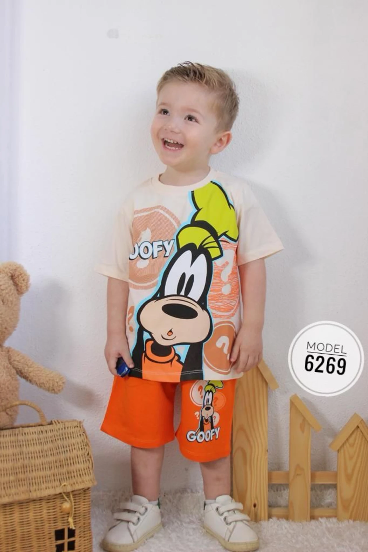 Bebek 3-10 Yaş Bisiklet Yaka Goofy Baskılı Şort Lu Takım Turuncu