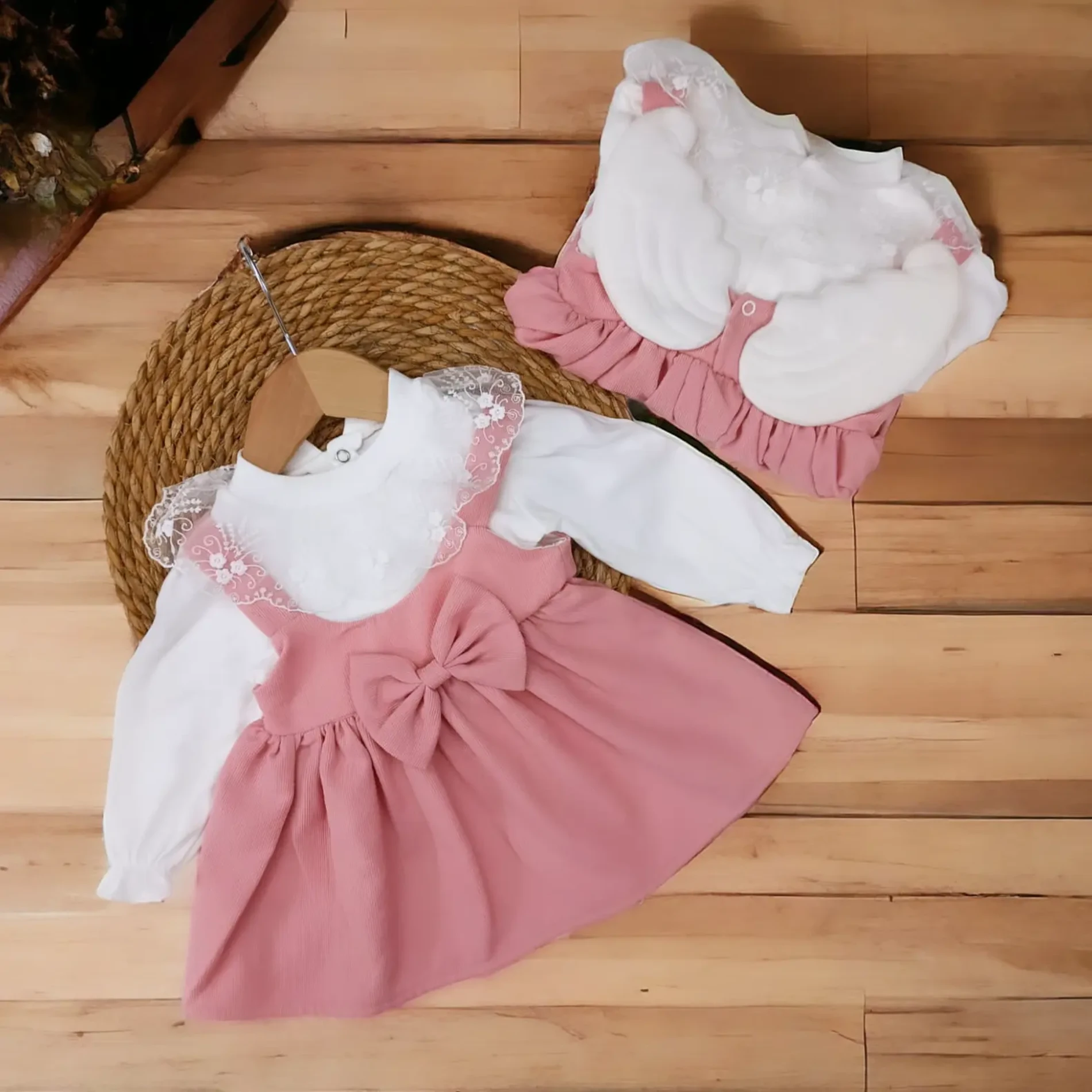 Bebek 9-24 Ay Elbise Melek Kanadı Detaylı Kadife Toz Pembe
