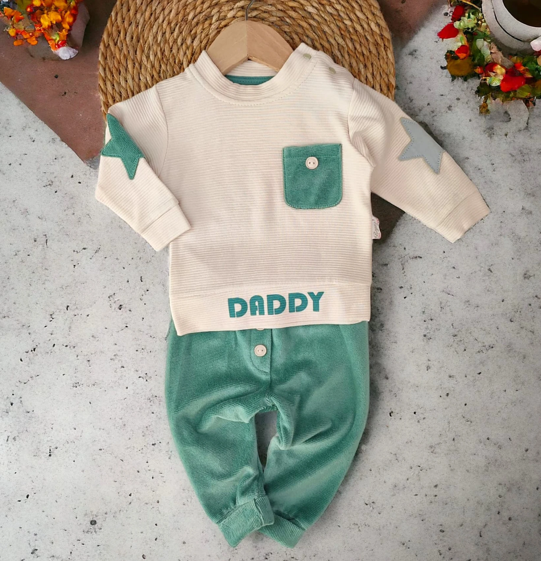 Bebek 6-24 AY Yıldız Detaylı Daddy Baskılı Kadife Pantolonlu Mevsimlik Takım