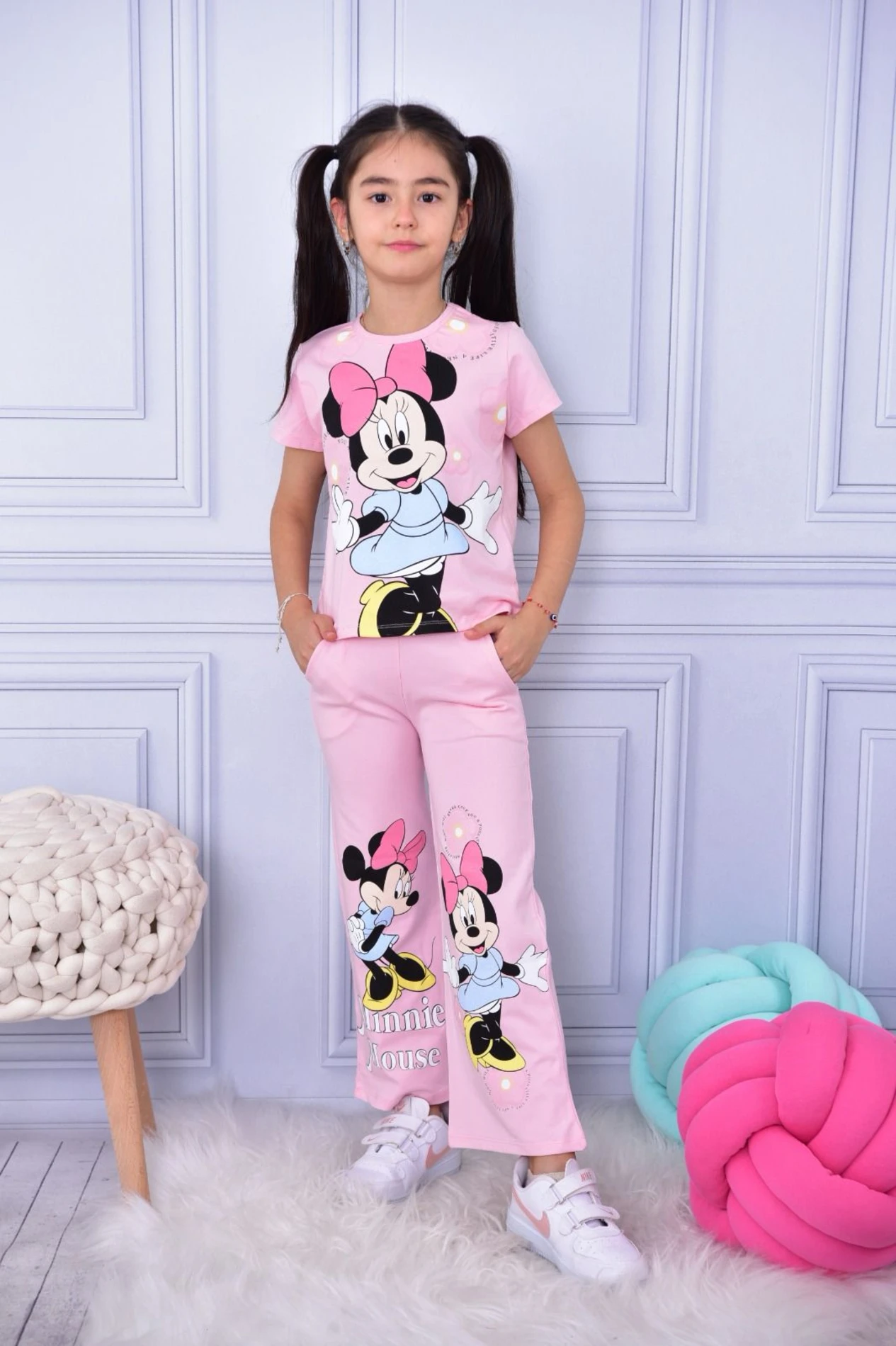 Çocuk Kız 3-10 Yaş Minnie Mouse Baskılı Bol Paça 2 li Takım Çeşit