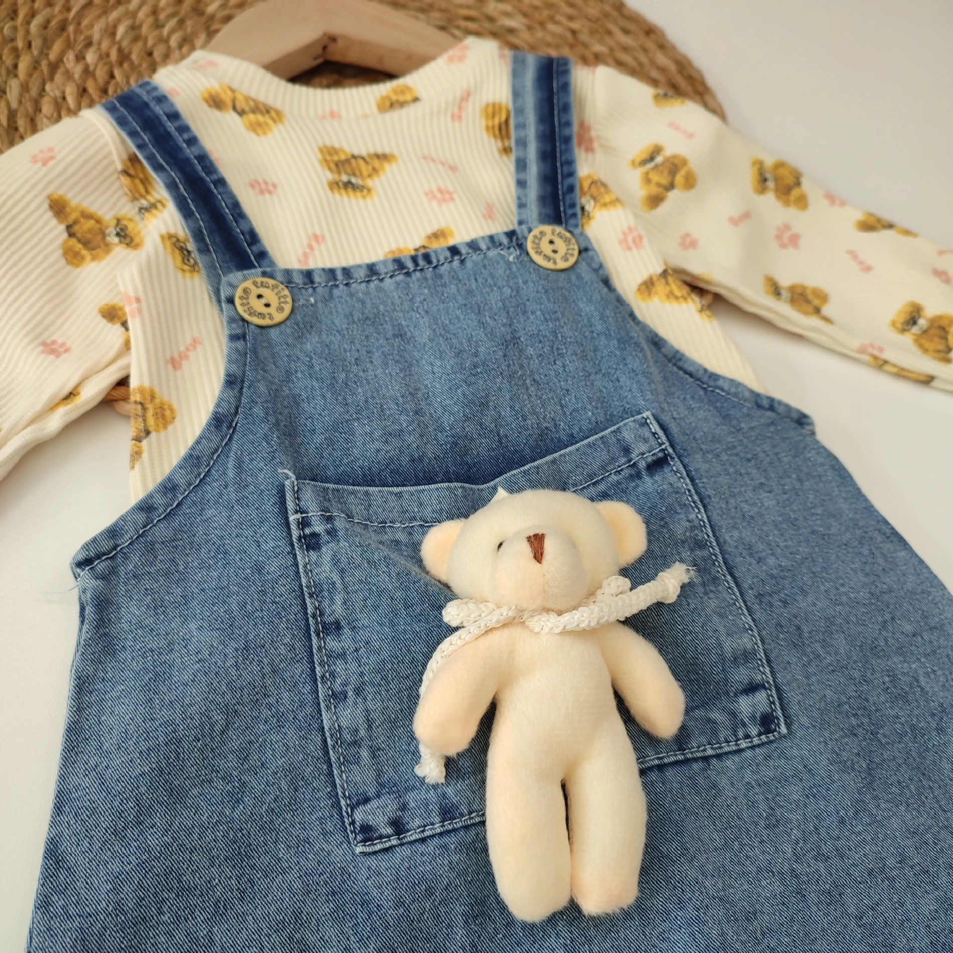 Bebek 9-24 Ay Bear Baskılı Ribanalı Esnek Kumaş 3D Oyuncak Ayılı Kot Jileli 2’Li Set