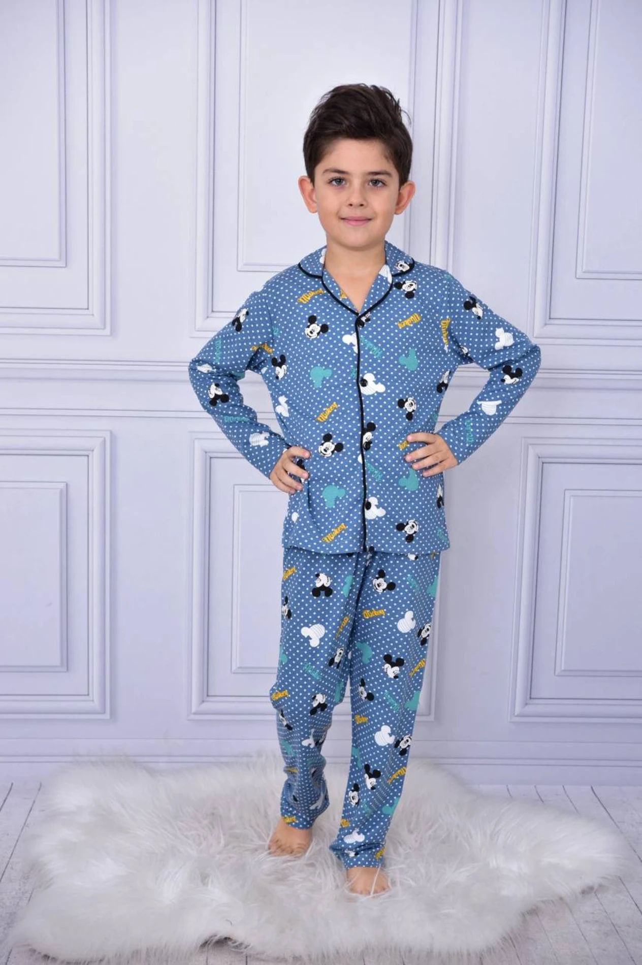Çocuk Erkek Pijama Takım 4-12 Yaş Mickey Baskılı Düğmeli Mavi