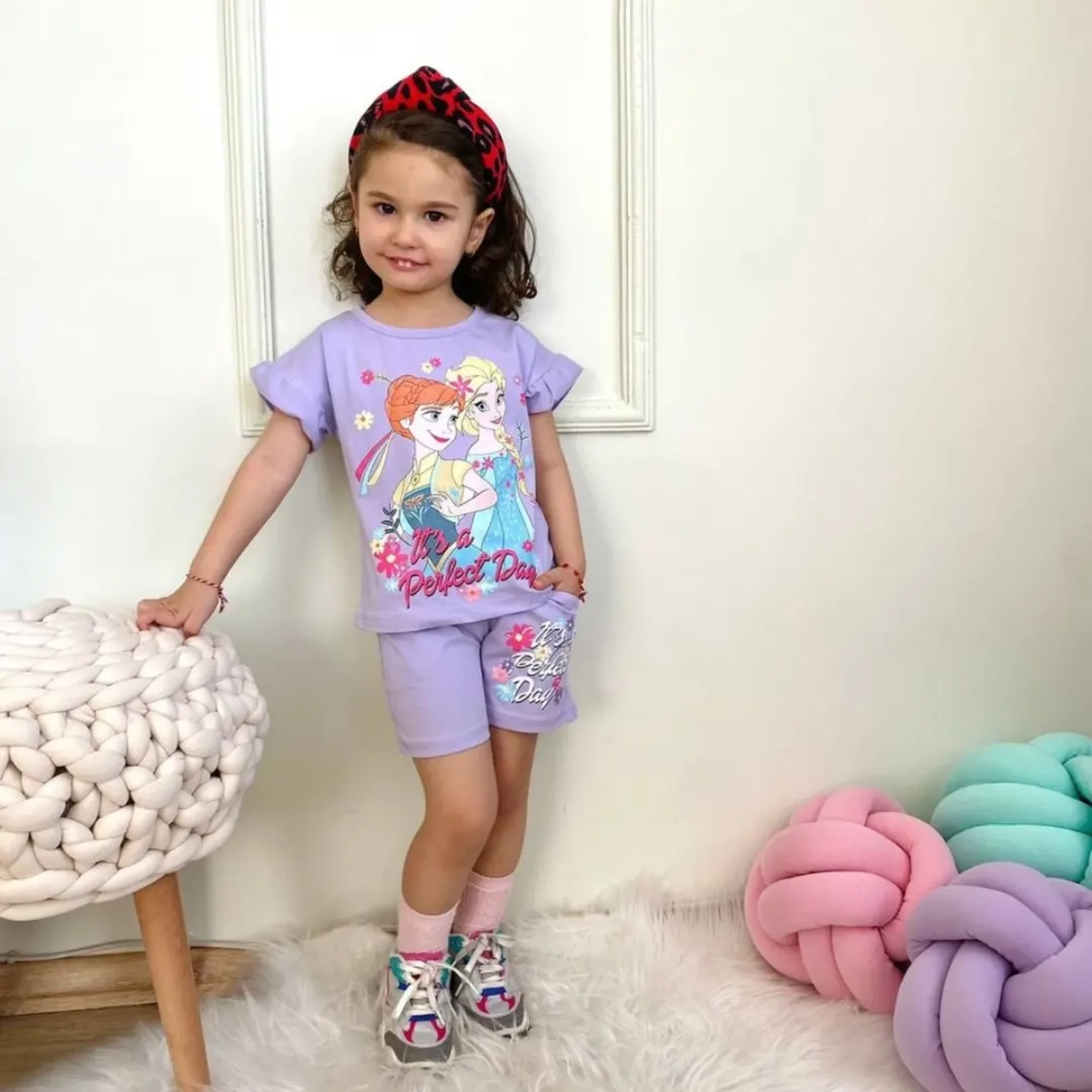 Çocuk 3-10 Yaş Freezon Baskılı Kol Detaylı 2 li Şortlu Takım Lila