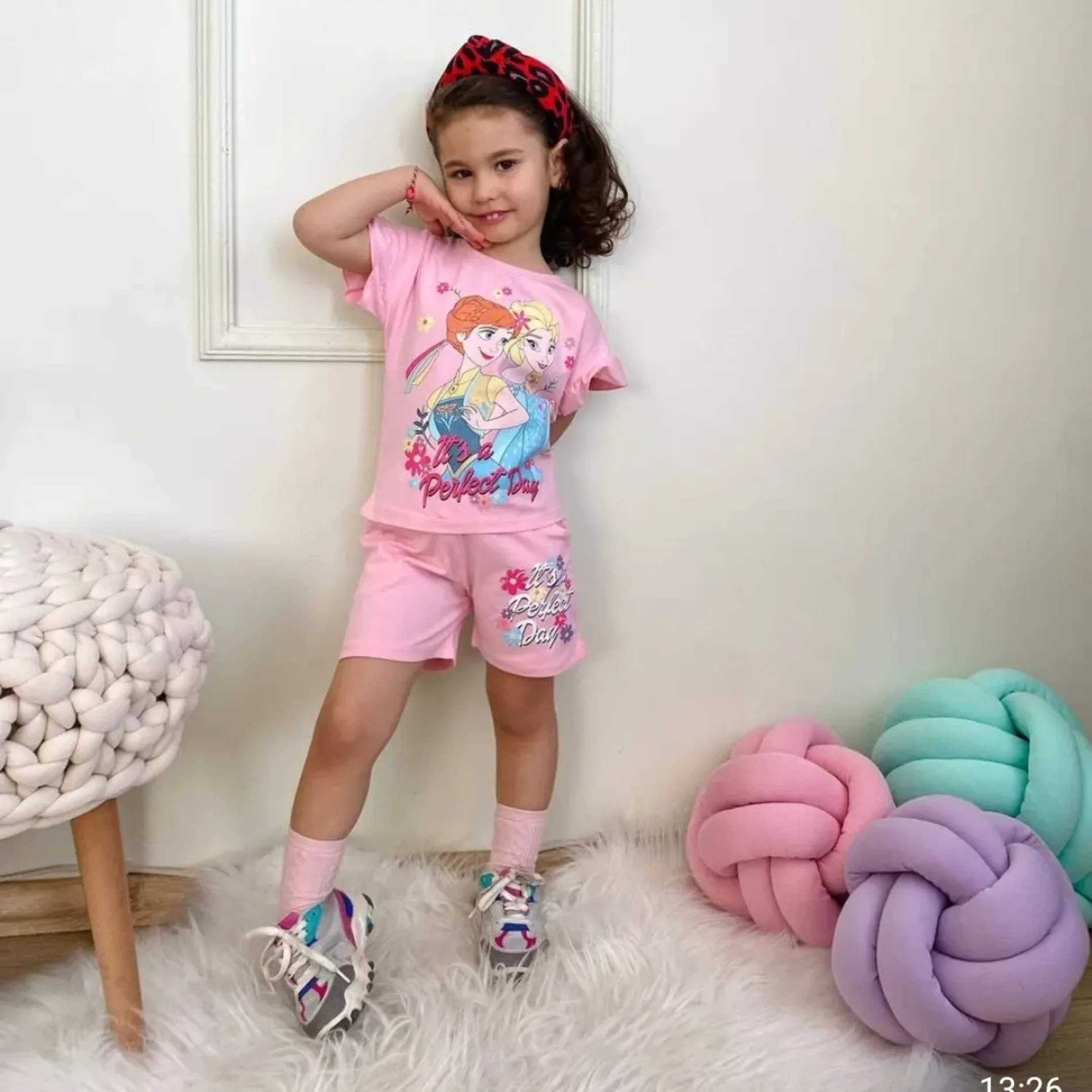 Çocuk 3-10 Yaş Freezon Baskılı Kol Detaylı 2 li Şortlu Takım Pembe
