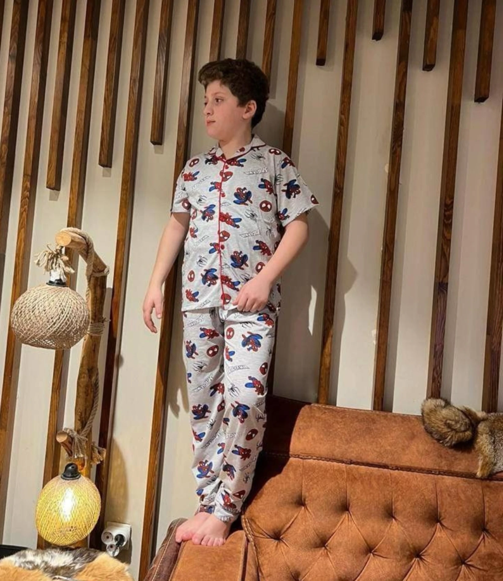 Çocuk Erkek Pijama Takım 4-12 Yaş Spider Man Baskılı Düğmeli Gri