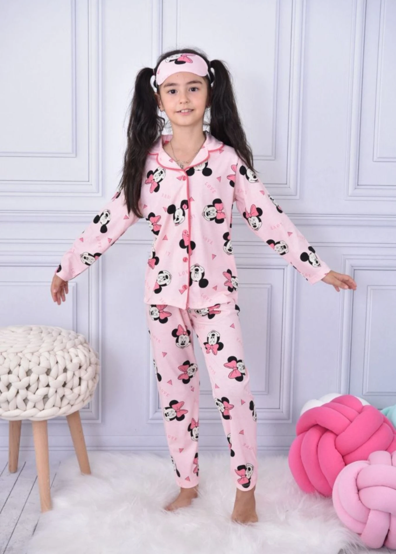 Çocuk Pijama Takım 4-12 Yaş Minnie Baskılı Uyku Bandı Hediyeli Pembe