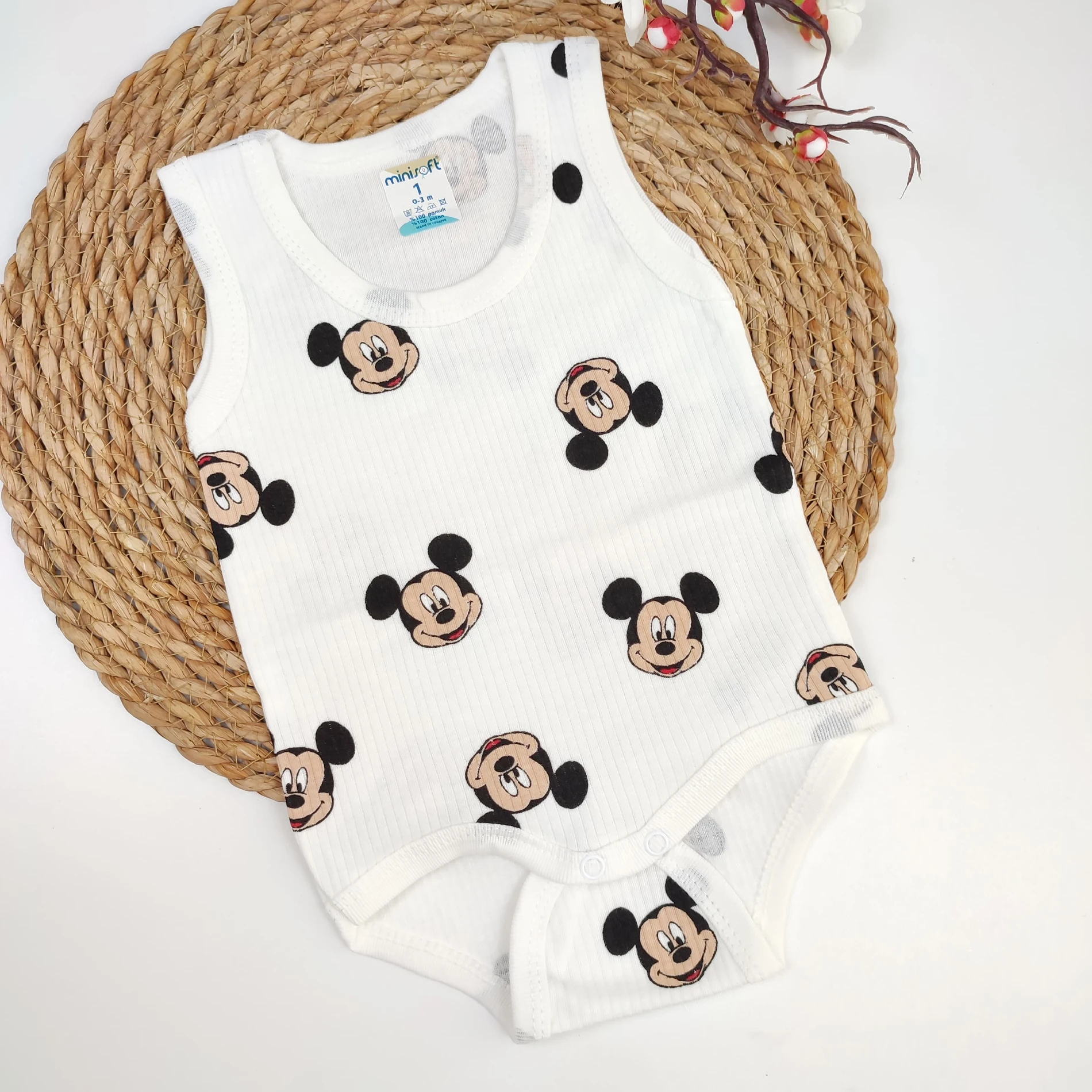 Bebek 03-3 Yaş  Mouse Desenli Çıtçıtlı Kolsuz Zıbın
