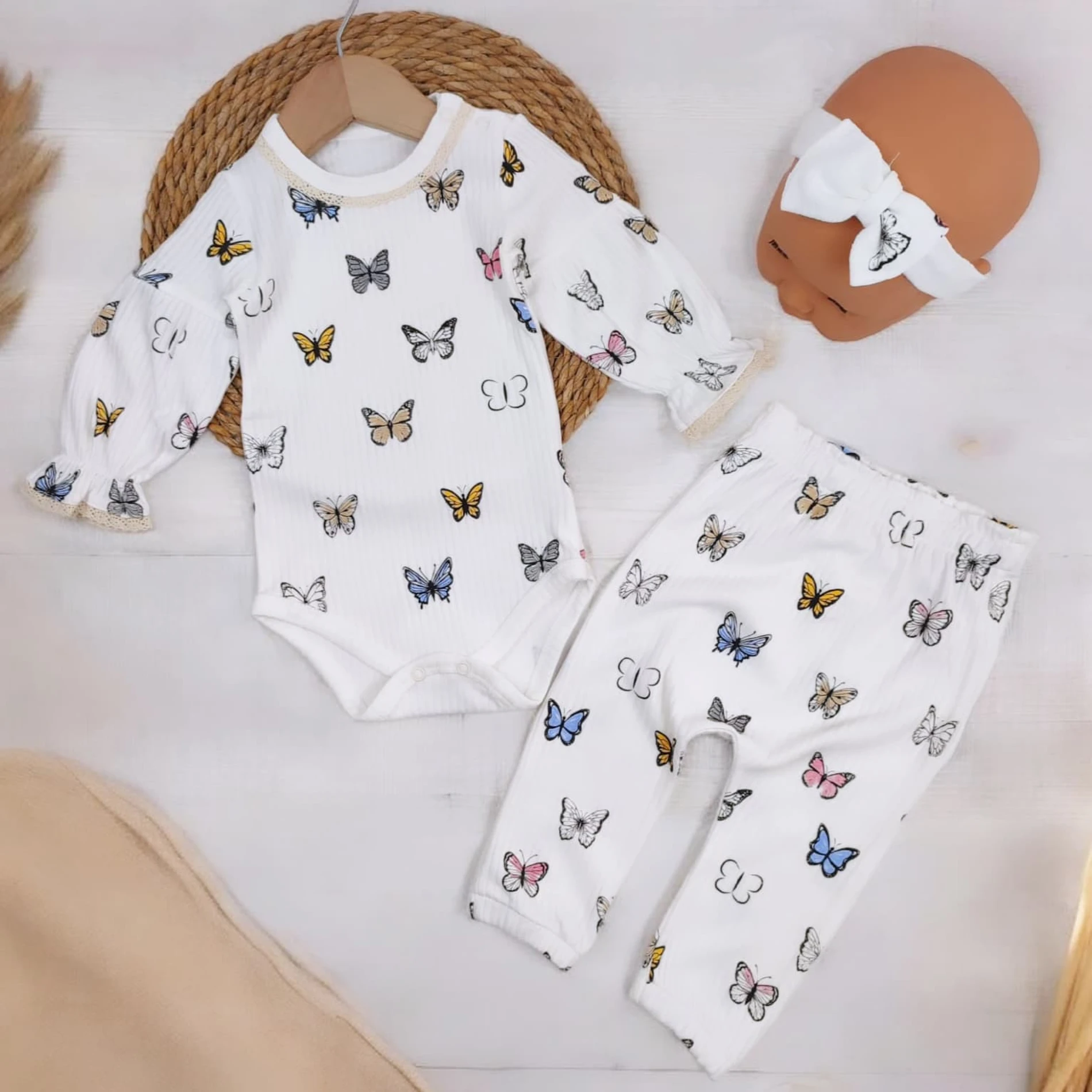 Bebek 3-12 Ay Kelebek Baskılı Fiyonk Saç Bantlı 3 lü Takım