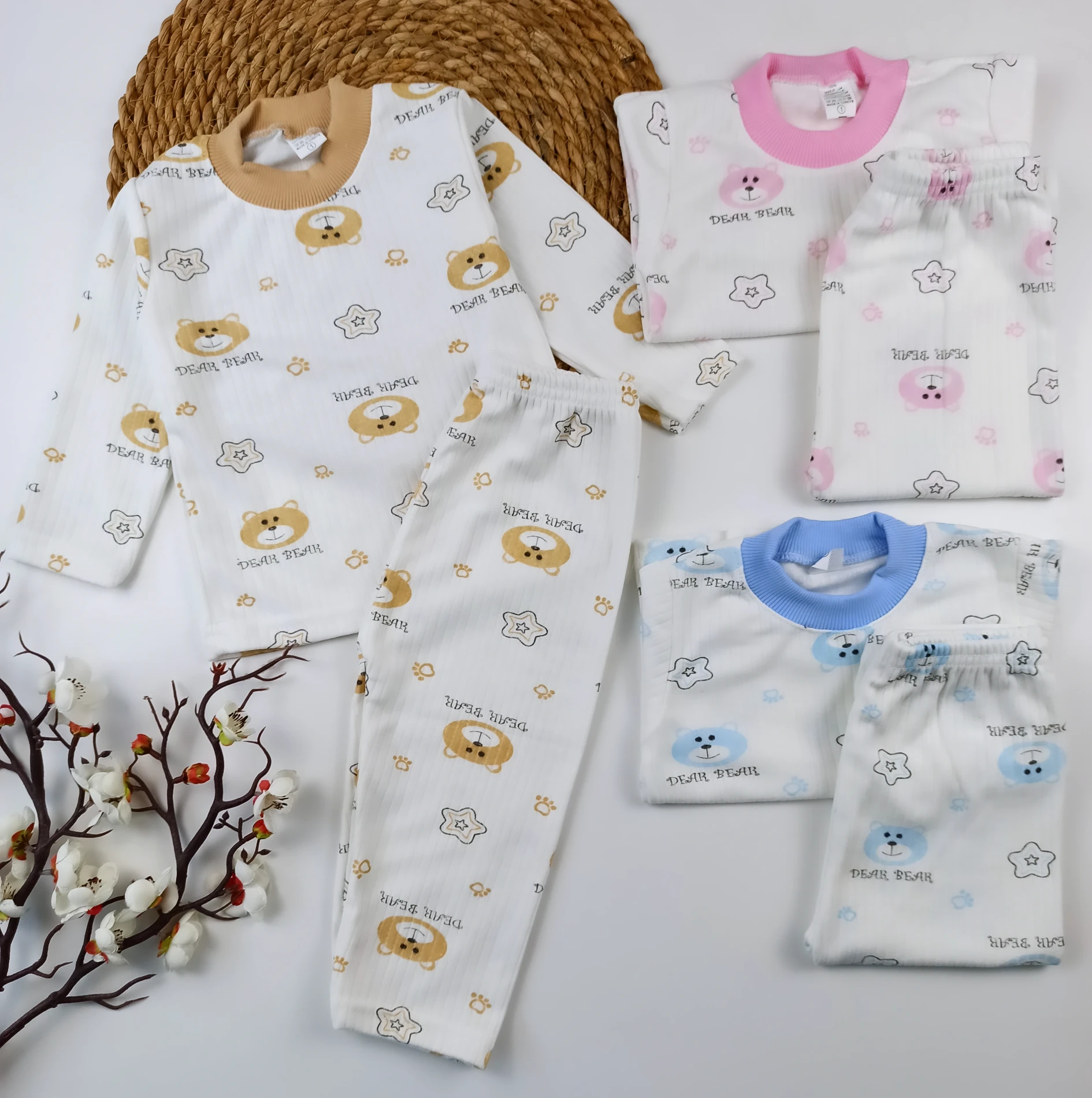 Bebek 1-3 Yaş Ayıcık Ve Yıldız Baskılı Pijama Takım Çeşit