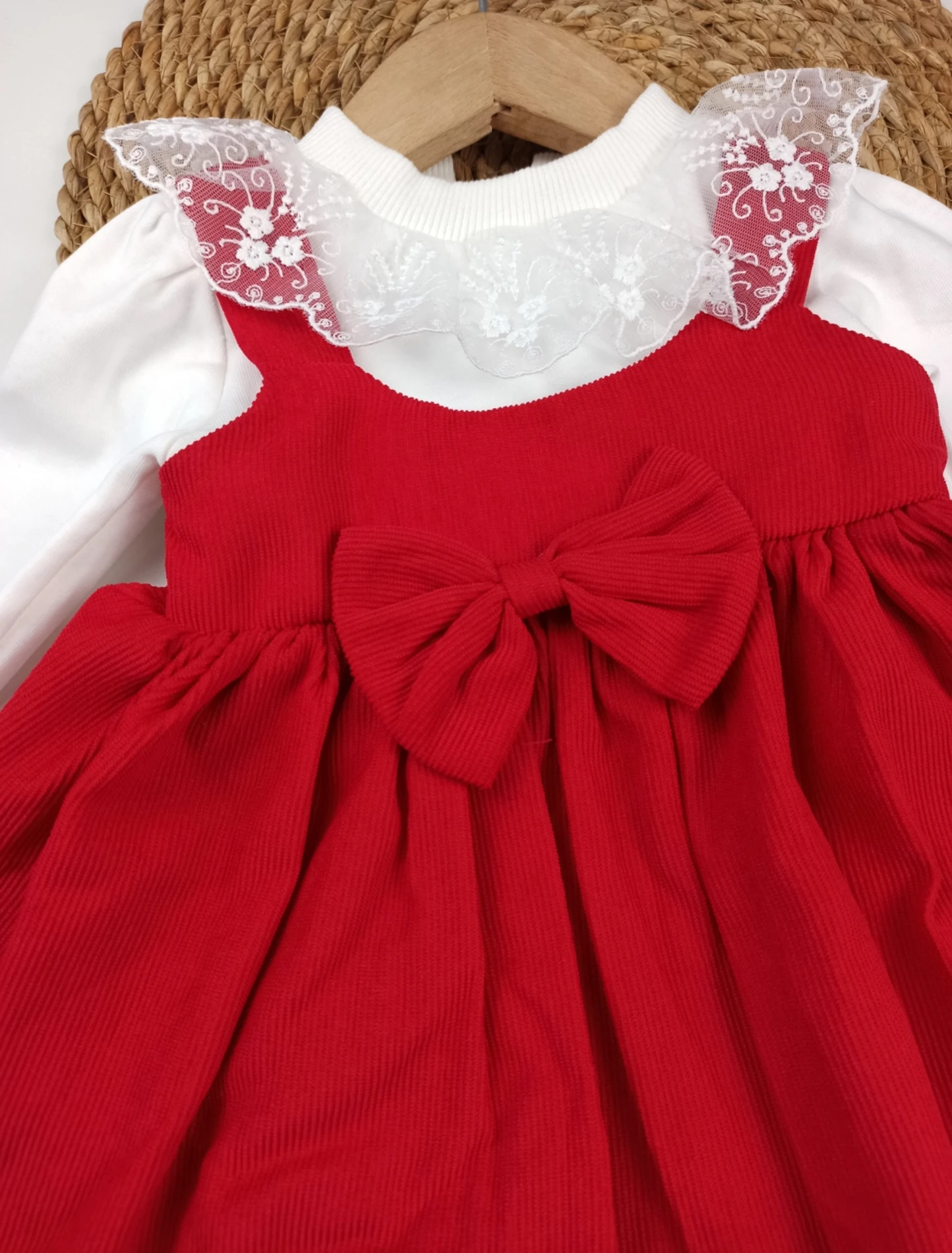 Bebek 9-24 Ay Elbise Melek Kanadı Detaylı Kadife 2'Li Kırmızı