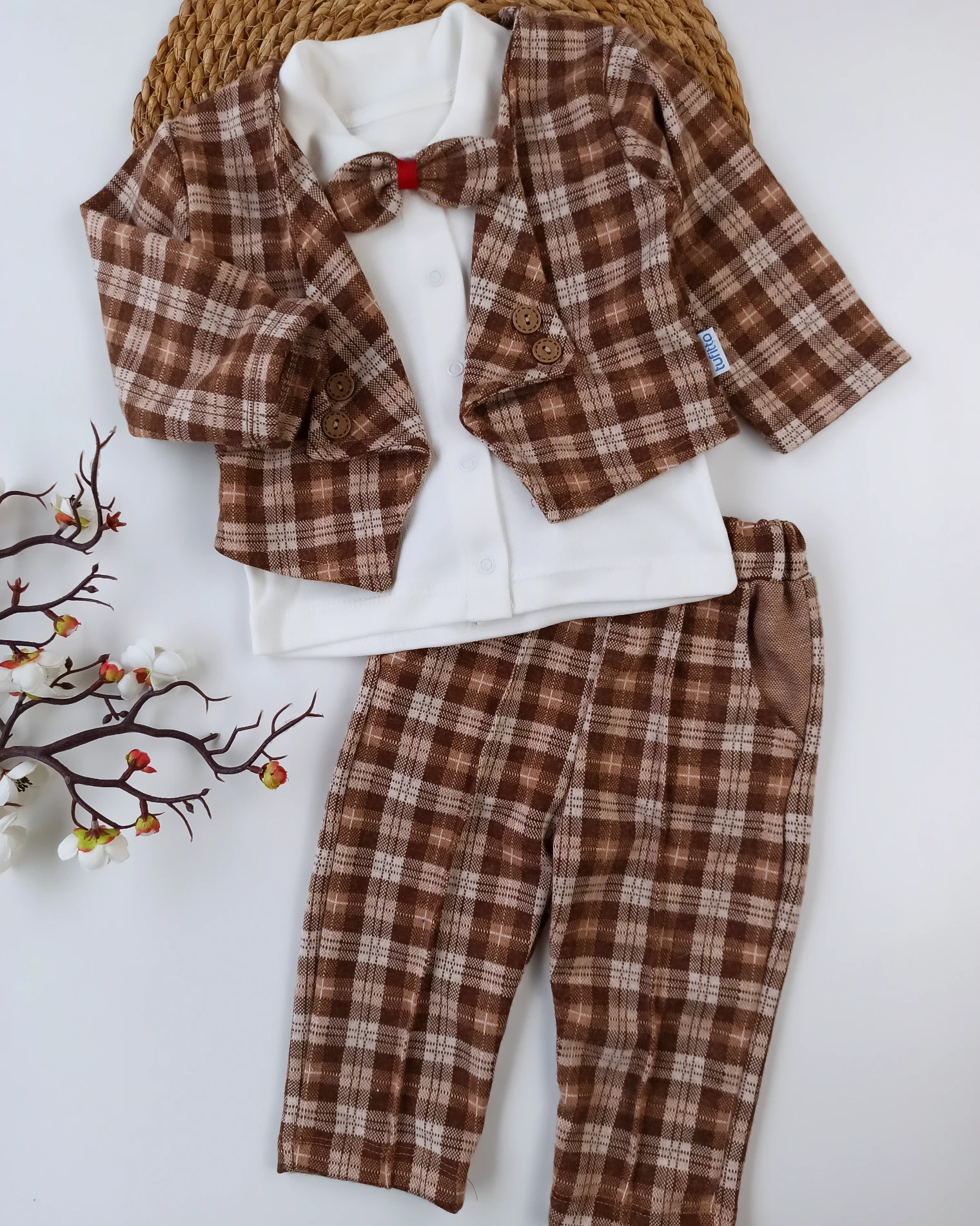 BEBEK 9-24 AY  PAPYONLU DÜĞME DETAYLI CEKETLİ 3 LÜ TAKIM KAHVE