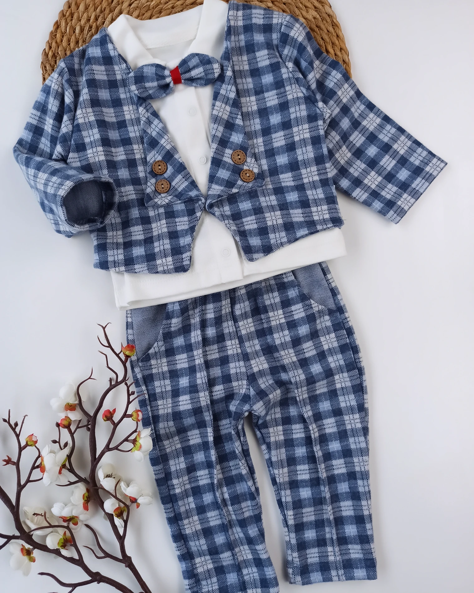 BEBEK 9-24 AY  PAPYONLU DÜĞME DETAYLI CEKETLİ 3 LÜ TAKIM MAVİ