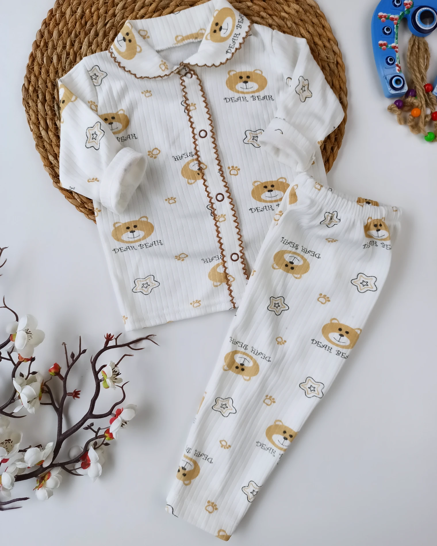 BEBEK 0-6 AY AYI VE YILDIZ BASKILI DANTELLİ BEBE YAKA PİJAMA TAKIM KAHVERENGİ