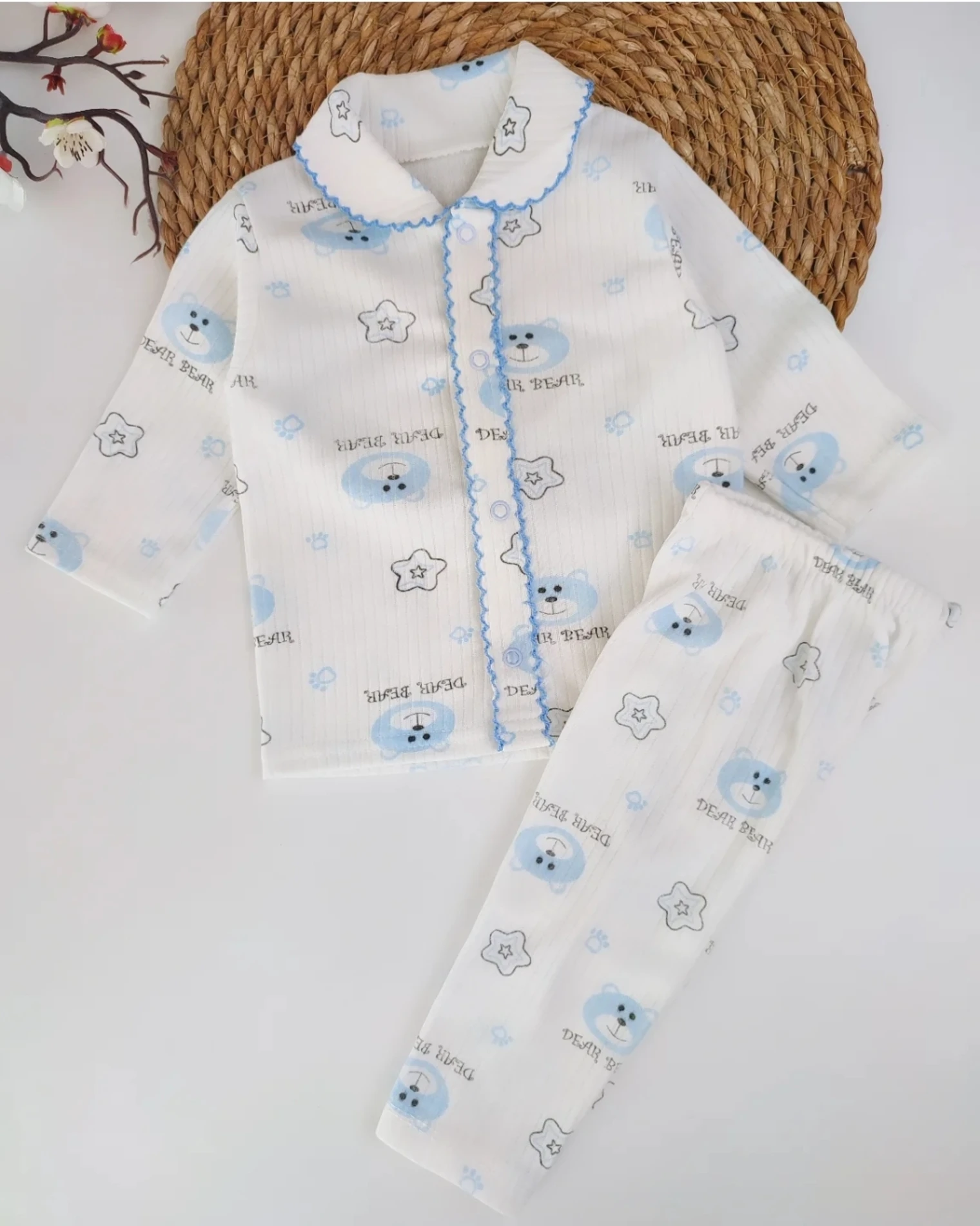 BEBEK 0-6 AY AYI VE YILDIZ BASKILI DANTELLİ BEBE YAKA PİJAMA TAKIM MAVİ