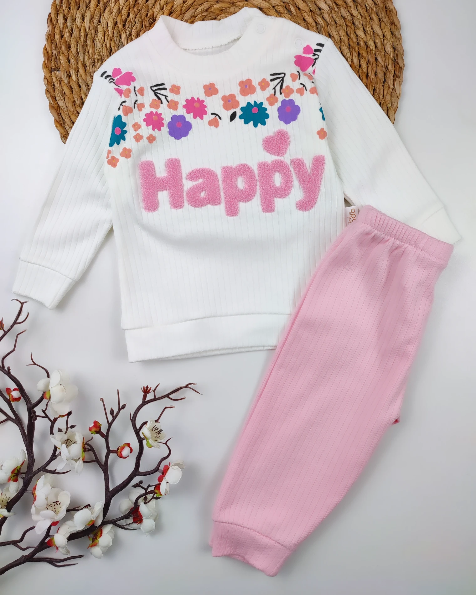 BEBEK 9-18 AY HAPPY NAKIŞLI 2 Lİ MEVSİMLİK TAKIM PEMBE