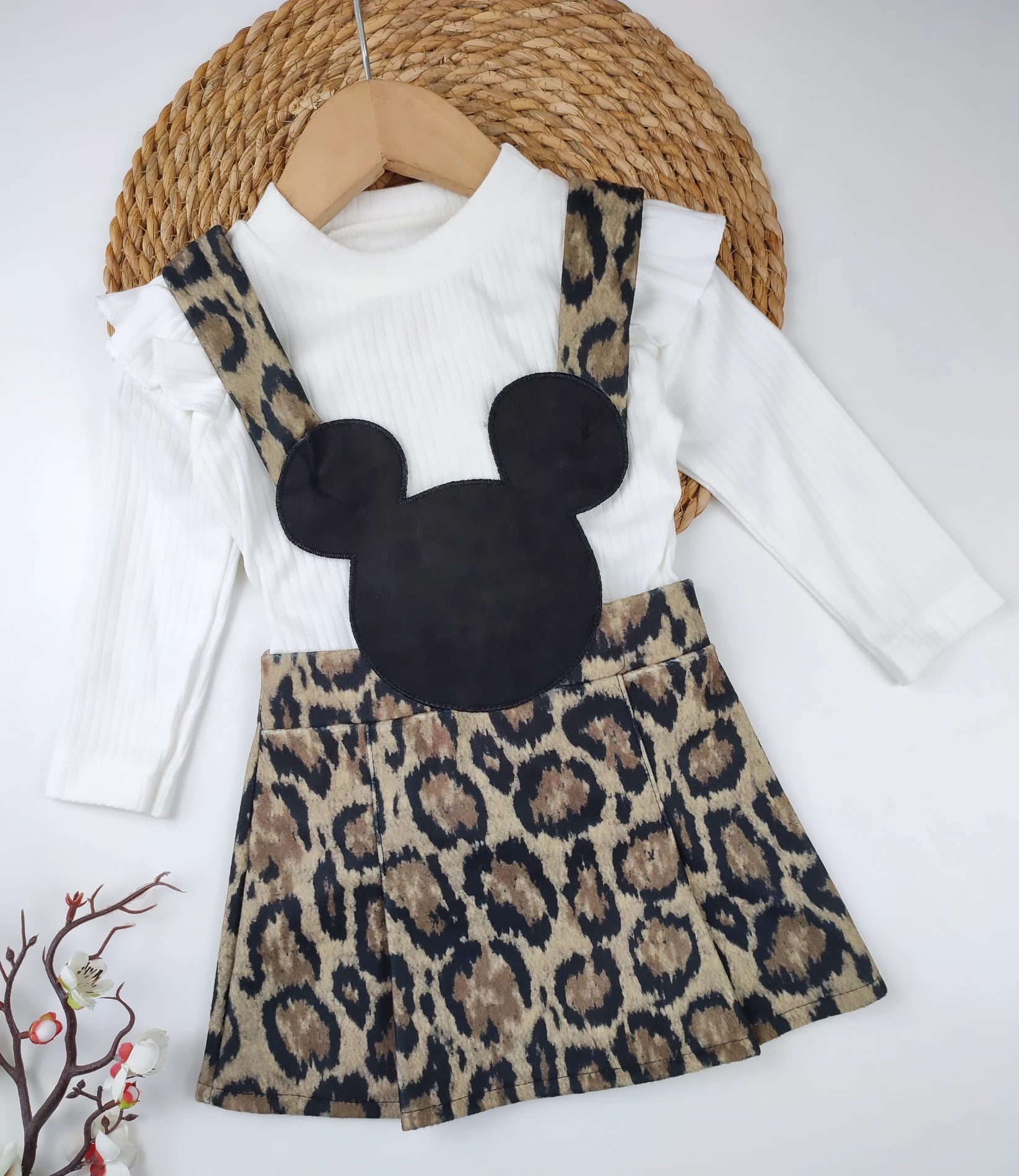 Bebek 1-4 Yaş Minnie Detaylı Leopar Badili Nubuk Kumaş Elbise