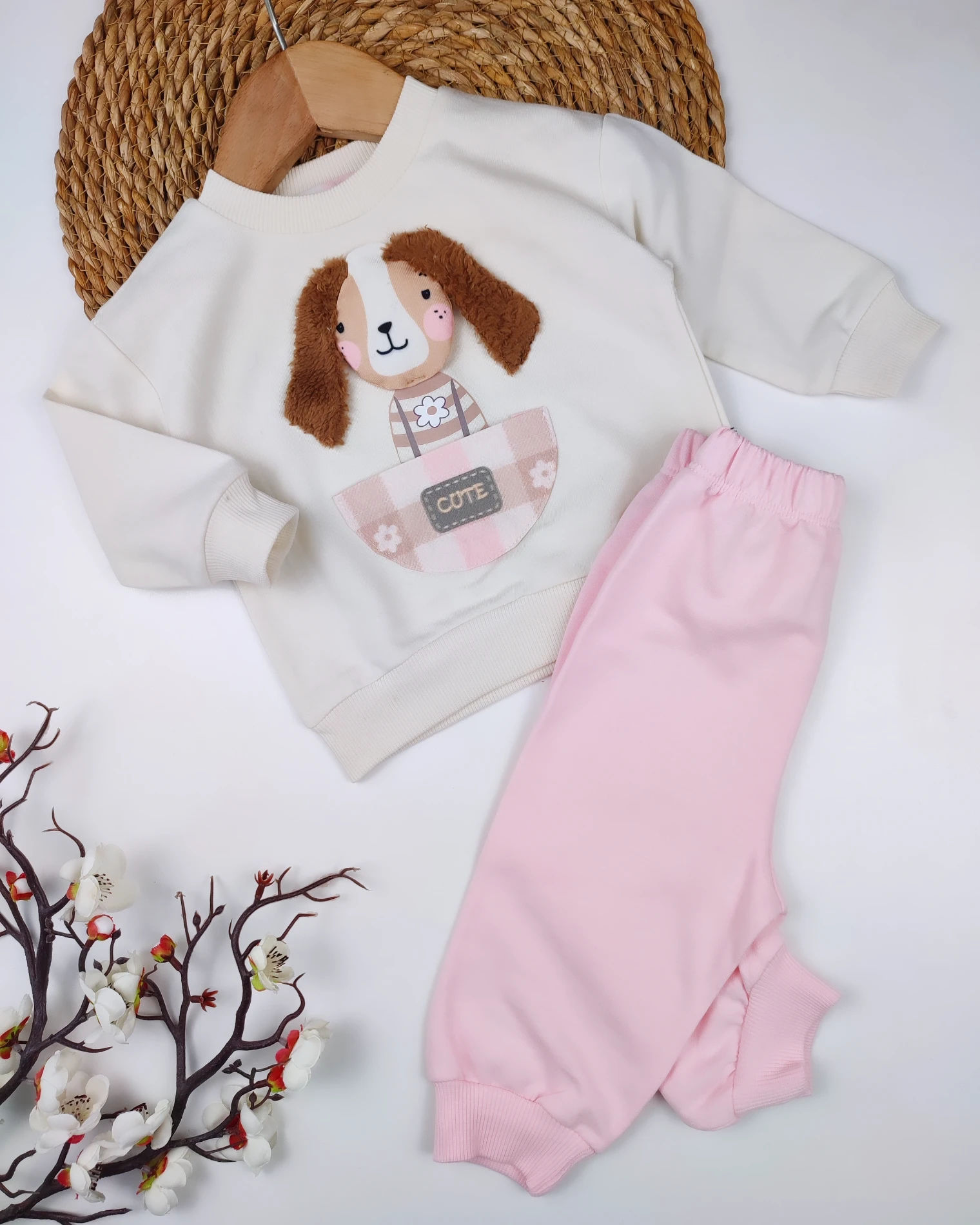BEBEK  9-24 AY PELUŞ KIZ KÖPEK NAKIŞLI TAKIM PEMBE