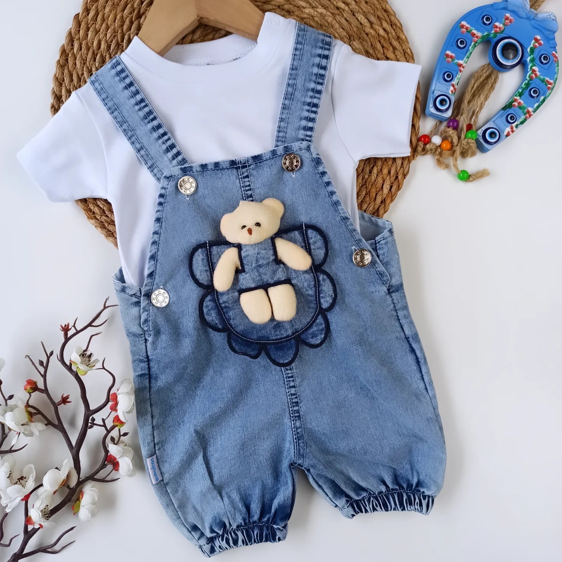 Bebek 3-18 Ay 3 D Ayıcık Detaylı Kot Salopet Takımı Mavi