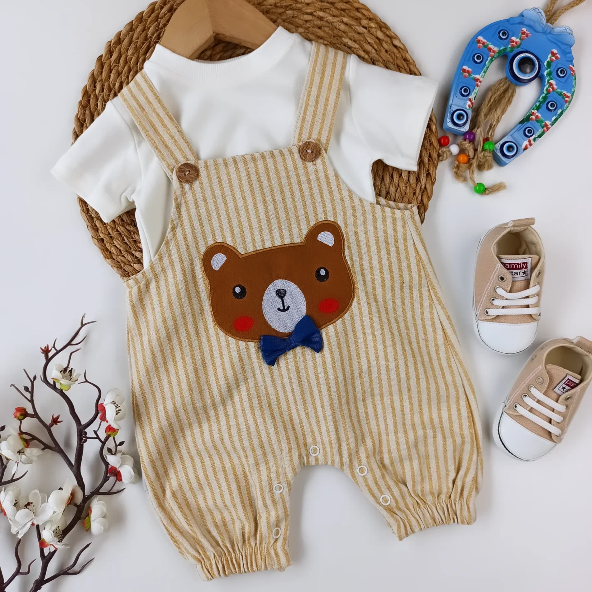 BEBEK 6-12 AY PAPYONLU AYICIK NAKIŞLI ÇİZGİLİ SALOPET